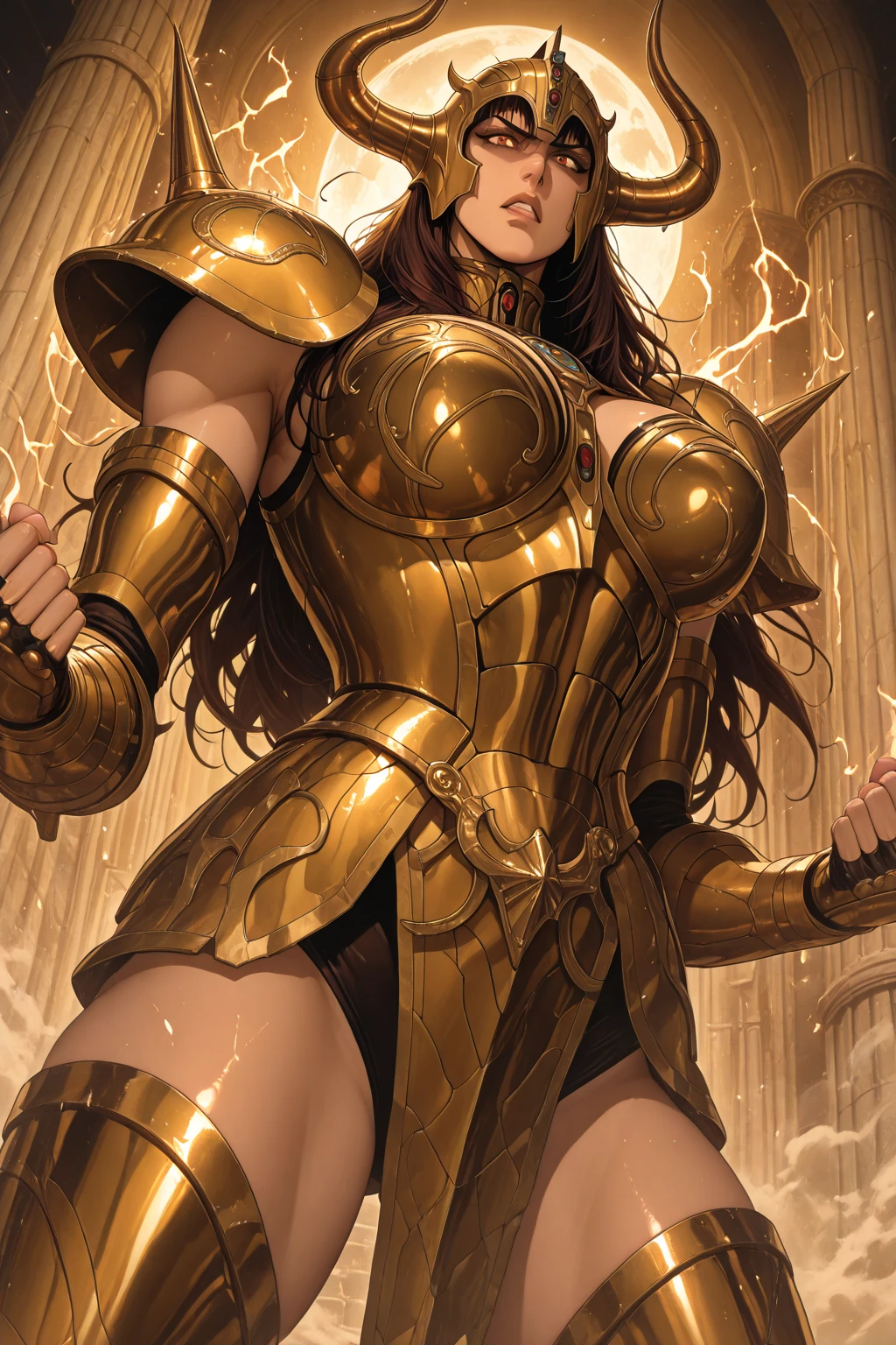 Witchblade Style, 1girl, solo, long hair, brown hair, cleavage, very long hair, yellow eyes, boots,  armor, squatting, shoulder armor, clenched hand, colored sclera, pauldrons, black sclera,  gold armor 
