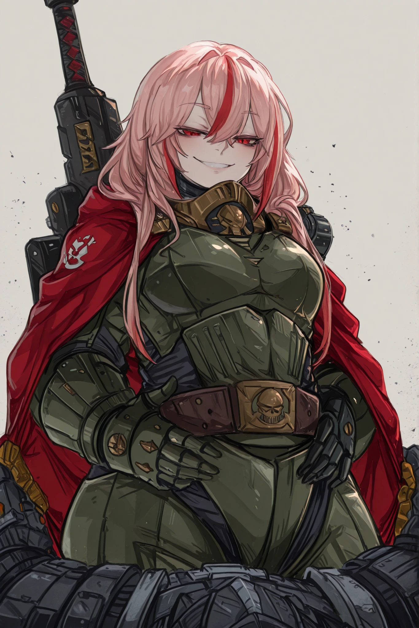 kurenaiz, Drunkr3mbr4ncer, masterpiece, best quality, amazing quality, very aesthetic, high resolution, ultra-detailed, absurdres, newest, scenery, solo, m4 sopmod ii, hair between eyes, red eyes, pink hair, streaked hair, red hair, sidelocks, long hair, multicolored hair, two-tone hair, smile, eyes wide open, silly look, cadian, astra militarum, armor, unloading with pouches, officer's cape, officer's gorget, hands on waist, scabbard, a giant sword behind her back, mechanical arm prosthetic, sleek metallic design, chrome and titanium finish, look at viewer, simple background, BREAK,