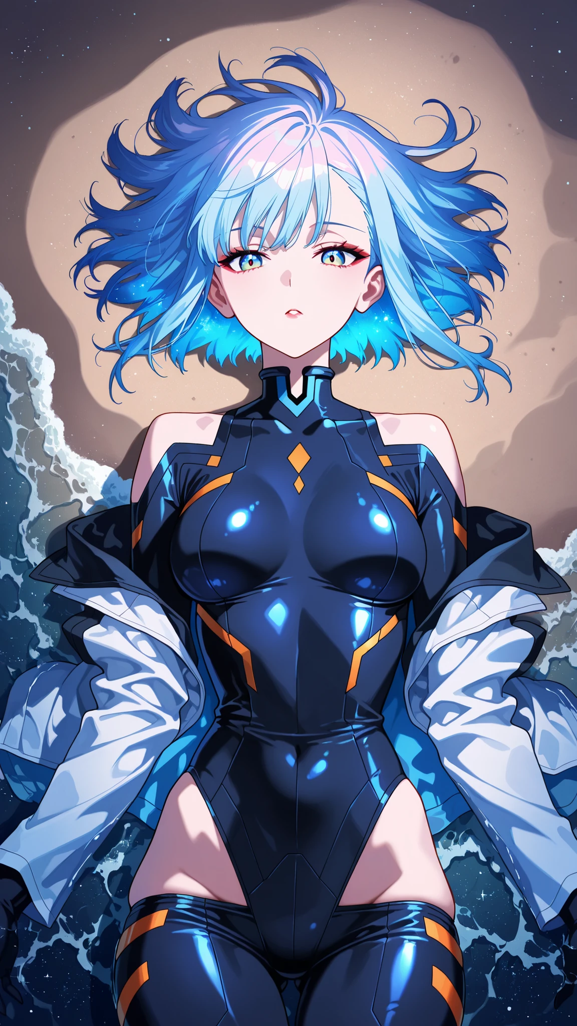 BREAK (masterpiece:1.2), best quality, high resolution, unity 8k wallpaper, (illustration:0.8),Rocky shore under a night sky filled with stars,  
waves glowing faintly with bioluminescence,  
Milky Way stretching across the horizon,  
cool blue tones, calm and endless,  
anime night scene, breathtaking and still,  lucy, short hair, bangs, blue eyes, blue hair, multicolored hair, makeup, multicolored eyes, medium breasts,,bare hips, bodysuit, jacket, leotard, monowire, off shoulder, off-shoulder jacket, open clothes, open jacket, skindentation,looking at viewer,cowboy shot,wide-angel,seductive pose,lying in sand,lying on back,from above,floating hair,