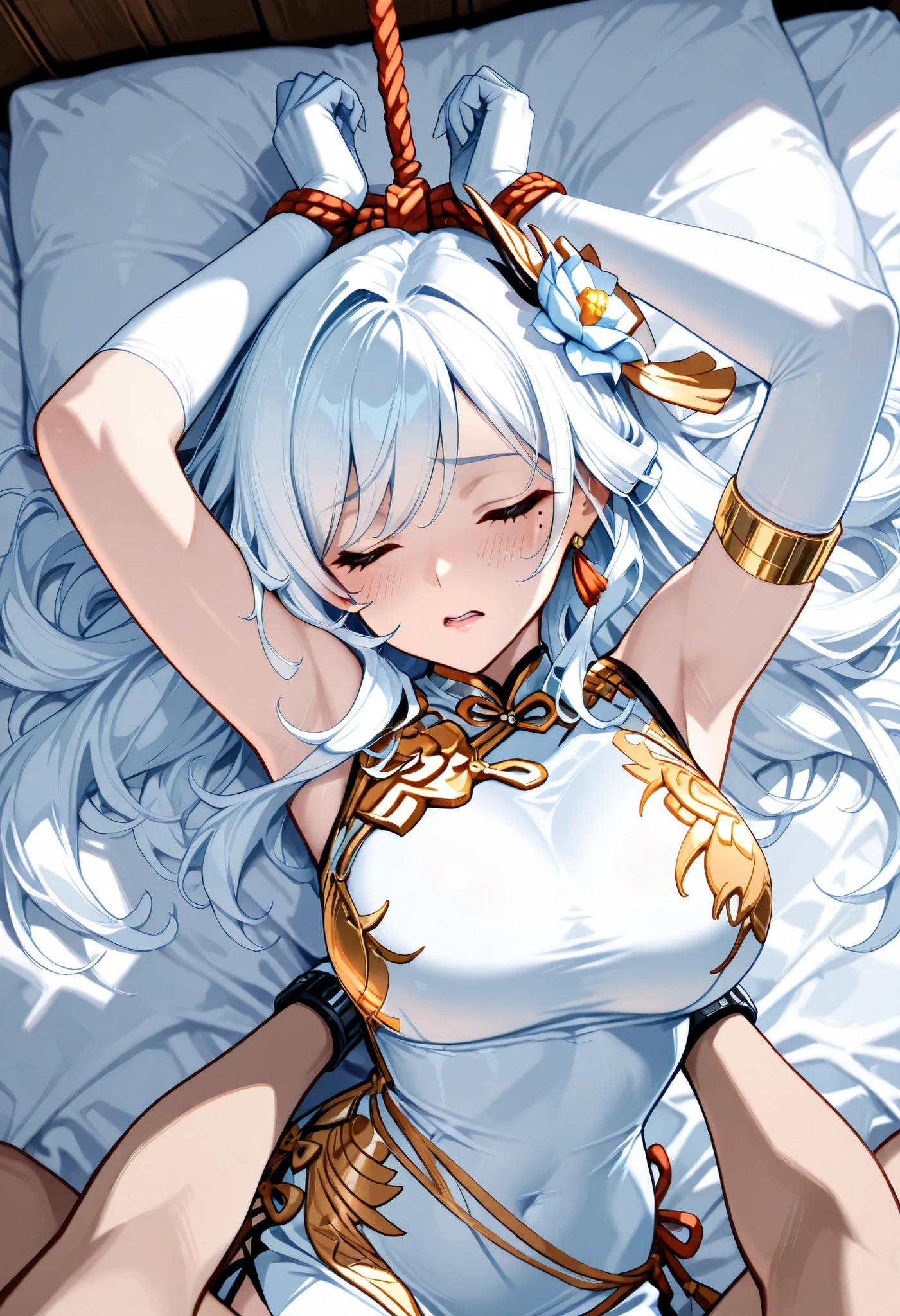 Armlet on left arm,Handmade bracelet,sleeveless china ,anime girl,long white hair,and a flower in her hair,Anime Goddess,with long white hair bundled in a bundle at the back, Haise Jinyao,Genshin Character,Keking, Full Body Senxia ,Pictures of Women with Long White Hair Bound at the Back,long white hairで,perfect girl,large breasts with good shape,thin waist,mole under eye,long gloves,earrings,no background,close eyes,kind eyes,kind expression,Blush,is embarrassed,Open Lips,Very large bed,Lie on a white sheet with your whole body stretched out,A woman lies down,nobody else, correct The hair bundled in the back is a braid, cowboy shot with a close cute face, Open your legs from side to side boldly
