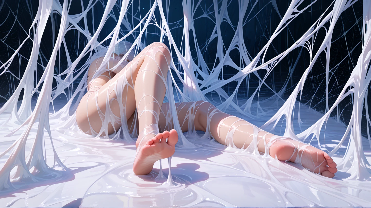 1girl,Spider weaves a net on a girl, very realistic, very detailed,bed,stretched, dark cave, struggle in the net,brown haired, very long sheer skirt,lying down,