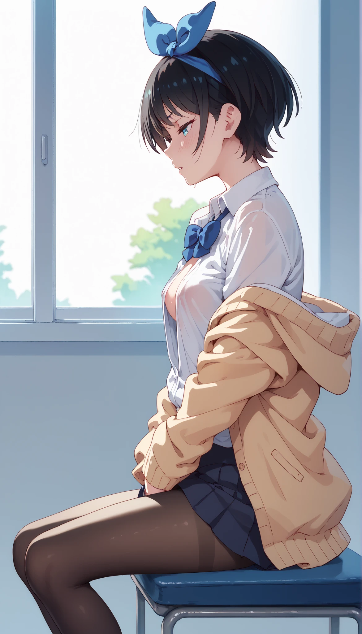 ruka sarashina, black hair, loose open shirts, black pantyhose, no under wear,half closed eyes, looking to the side, very embarrassing, in the school, female masturbation, sitting, from side,