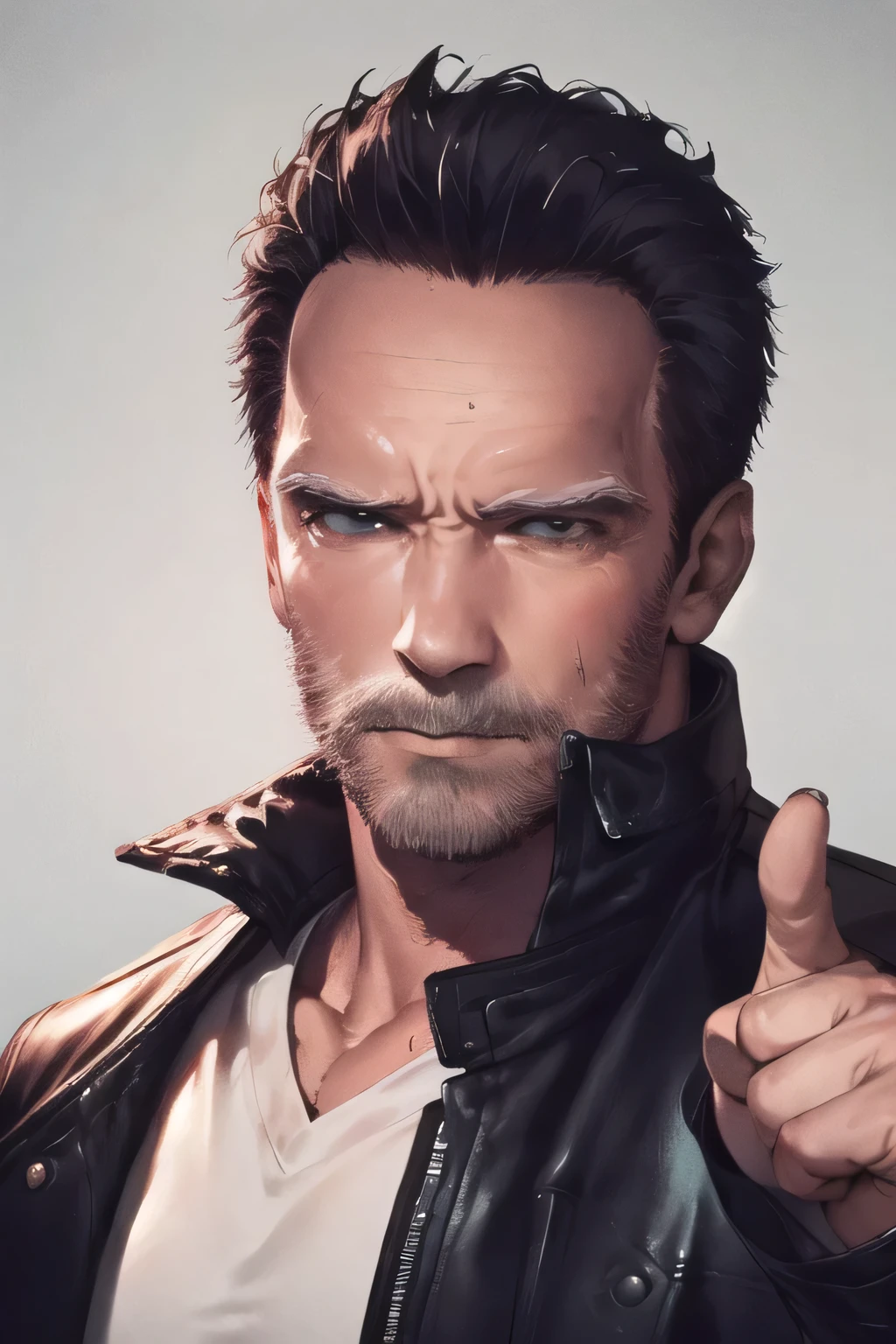 Face without damage,please draw a more delicate expression,dark background，,Please draw a clear expression of the Terminator soldier,50 years old，dark haired man,The man in the black leather jacket,can you draw a thumb up pose,There is no scar on the forehead,can you draw a more dignified man,