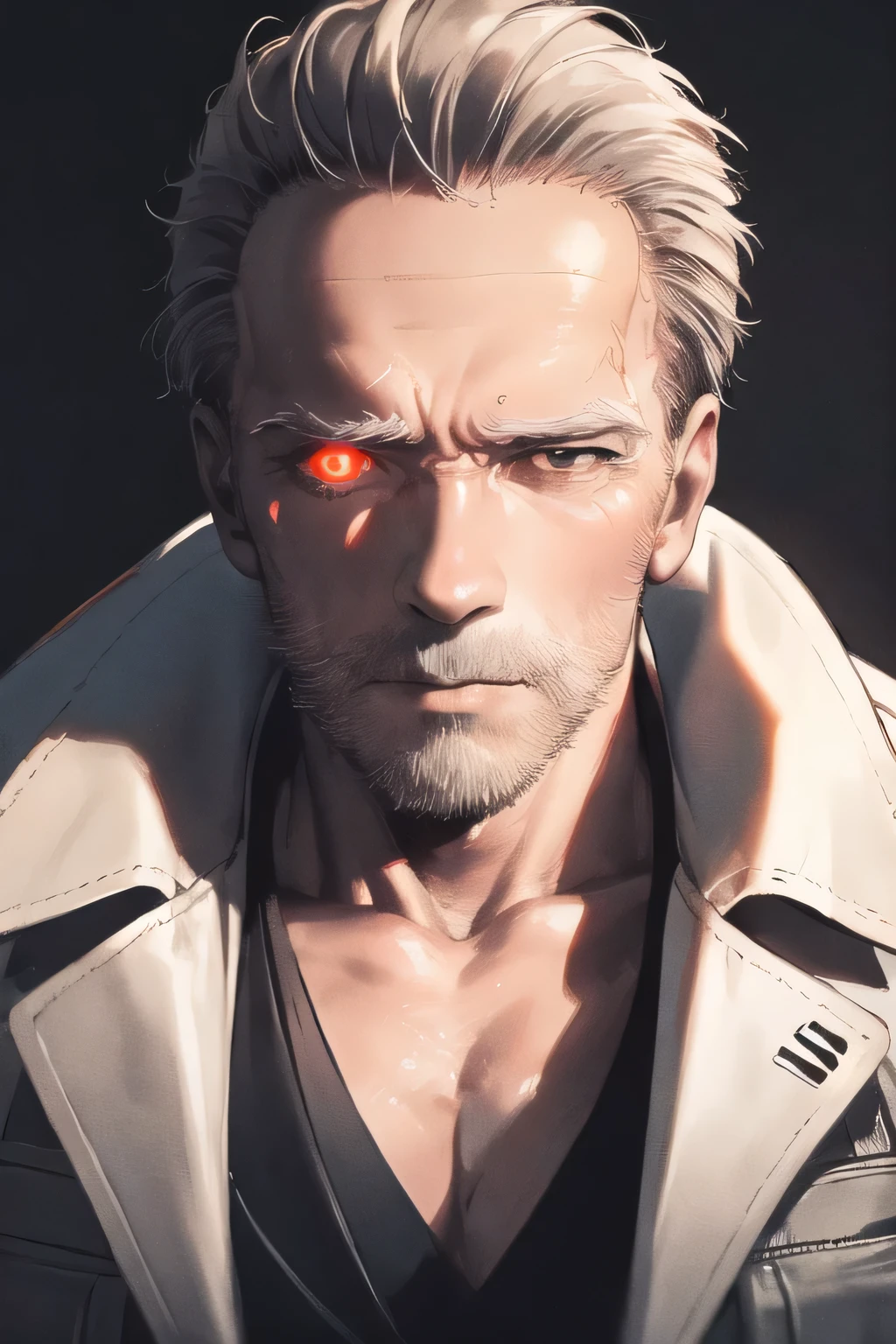 Face without damage,Please draw a more delicate expression,dark background,,can you draw a clear expression on the Terminator soldier,50 years old,dark haired man,Half of his face is silver,can you draw a man with a metal skeleton whose eyeballs glow red,