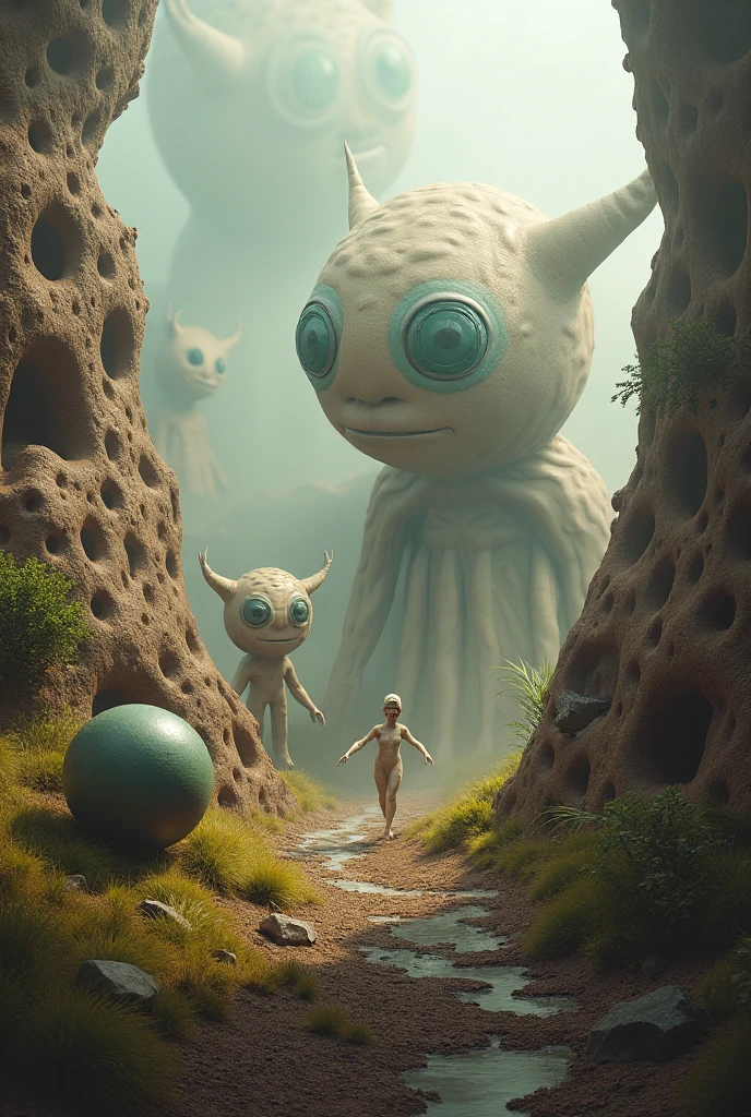 Desolation Creatures Yellow alien and astronaut on an exotic planet near a lake. expressive ...