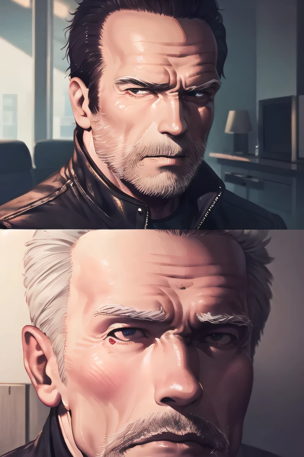 Can you draw a clear expression on an undamaged face,please draw a more delicate expression,dark background，,Terminator Soldier,50 years old，Dark Haired Man性,Half of his face is silver,can you draw a man with a metal skeleton whose eyeballs glow red,Dark Haired Man,