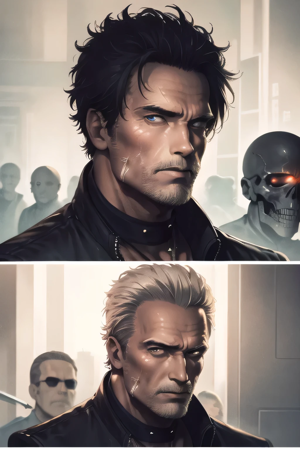 can you draw a clear expression on an unhurt face,please draw a more delicate expression,dark background，,Can you draw the Terminator Soldier,50 years old，dark haired man性,Half of his face is silver,can you draw a man with a metal skeleton whose eyeballs glow red,dark haired man,wanted arrangements,