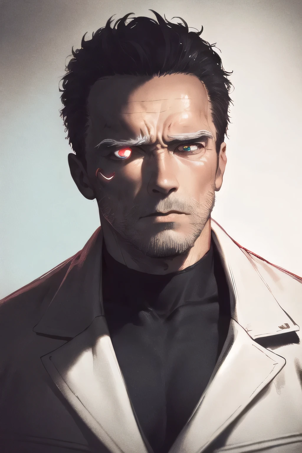 can you draw a clear expression on an unhurt face,please draw a more delicate expression,dark background，,Can you draw the Terminator Soldier,50 years old，dark haired man性,Half of his face is silver,can you draw a man with a metal skeleton whose eyeballs glow red,dark haired man,wanted arrangements,