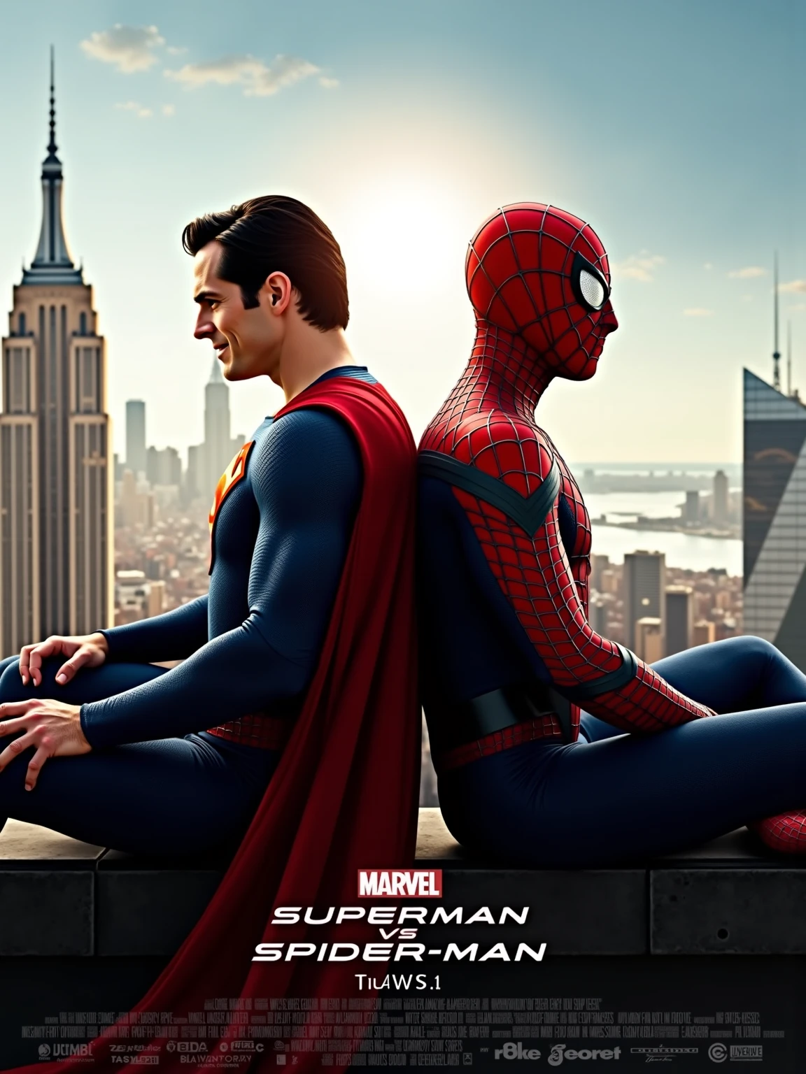  ((new yorkのエンパイア・ステート・ビルの屋根の上で笑顔で語り合うSuperman and Spider-Manの映画のポスター,（"Superman vs Spider Man")）

"realistic movie scene with superheroes appearing, Superman and Spider-Man, アメリカンコミックスのライブアクション映画のシーンを現実的に描いたようなbeautiful portrait with realistic colors,, ((Background: new york、The sun shines on the roof of the Empire State Building、the sky without a single cloud)), ((The two are sitting back to back、   talk with a smile  )), (("Superman vs Spider Man")), (live action movie scene based on an American comic), (beautiful portrait with realistic colors),  ((the title of the movie "Superman vs Spider Man" and text on the cover:1.9)), 