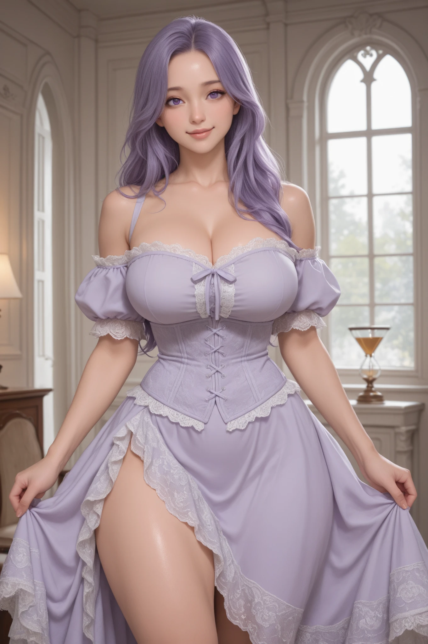 Lucy Pinder, ((very intense makeup)), sexy woman, voluptuous, cleavage, (Adele), chubby woman, lace, blue hair, braids in hair, lilac blouse, lilac sleeves, belt, lilac skirt, long gloves, belt , fishnet pantyhose, smiling