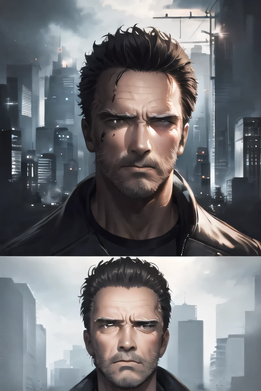 Can you draw a clear expression on an undamaged face,can you draw a more delicate expression,dark background，,can you draw a clear expression of the Terminator soldier,50 years old，dark haired man,