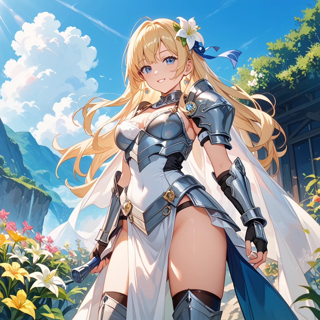 MGCM superbia, long hair, blonde hair, green eyes, <lora:MGCM_superbia_ep15:0.7>, BREAK large breasts, anmnr, <lora:anmnr01:0.17>, beautiful, masterpiece, 8K resolution, extremely detailed face, 1girl, Beautiful woman, 20 years old, eye highlights, walkure, wearing walkure,armor,helmet, chainmail armor,wings, <lora:walkure:0.8>, a woman with wings and a sword ,(from below), looking at viewer, smile, blush, BREAK (fixing hair:1.2), (have a weapon:1.2), windy, angel wings dance, BREAK anime background, outdoors, temple, stone pillar, ruins, distant forest, distant mountain range, blue sky, warm sunlight, <lora:flat2-dim1:-0.5>