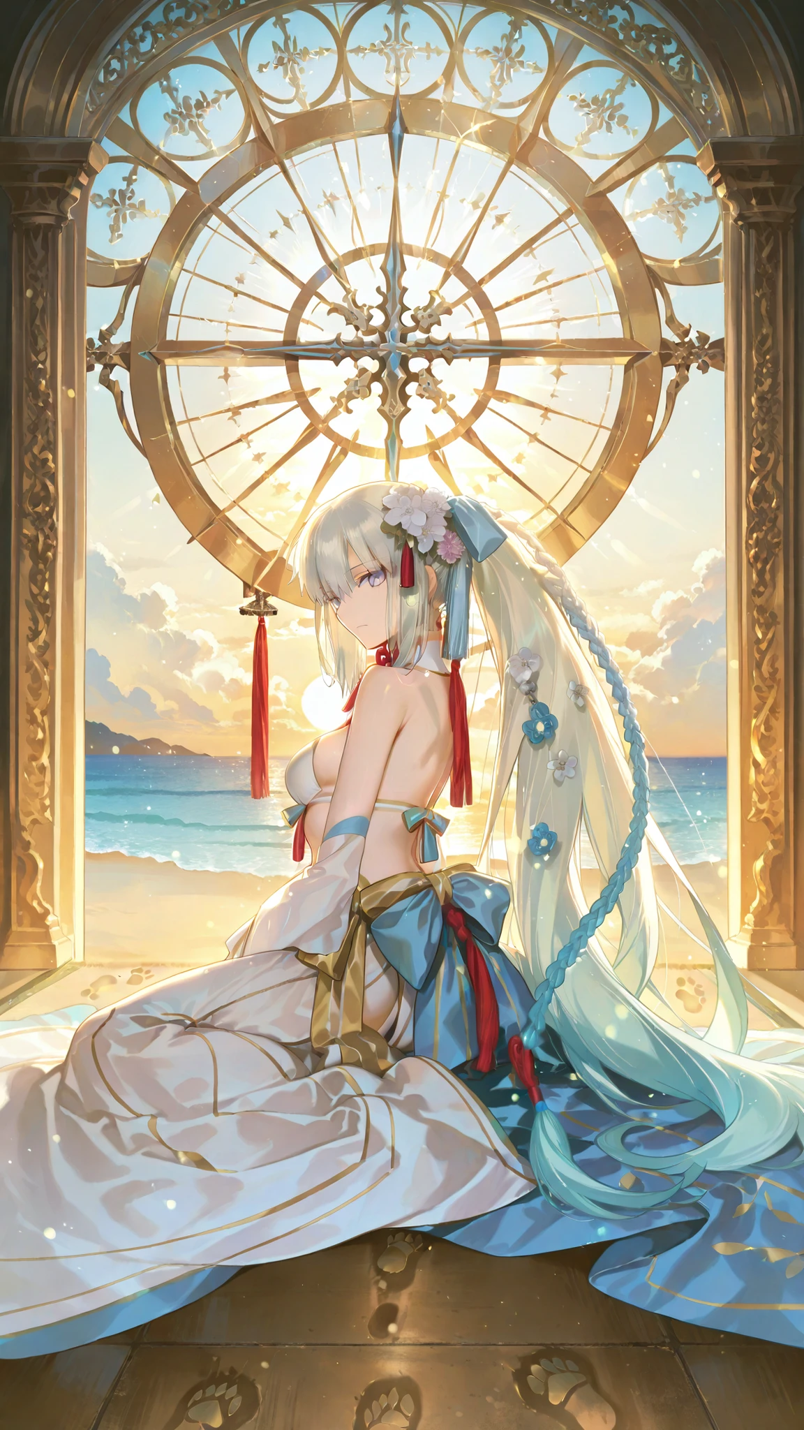 score_9, score_8_up, score_7_up,(full view), (Asymmetrical Composition),{{{top quality}}} , {{Super Detailed}} , {{very delicate and beautiful}}, (masterpiece, UHD, 8K, 16K),((solo)),(Morgan Le Fay),long hair, grey hair, blue eyes, very long hair, braid, ponytail, hair flower, white , detached collar, detached sleeves, blue ribbon, yellow ribbon,
As night falls, the distant horizon is tinged with the last golden glow of the setting sun, like a gilded edge set against the edge of the sea. Above, a glittering tapestry of stars stretches across the upper half of the sky, with the Milky Way arching like a celestial river. Morgan Le Fay walked along the coast, leaving behind a trail of footprints on the sandy shore. intricate details , natural light, diffused light, dramatic ambient