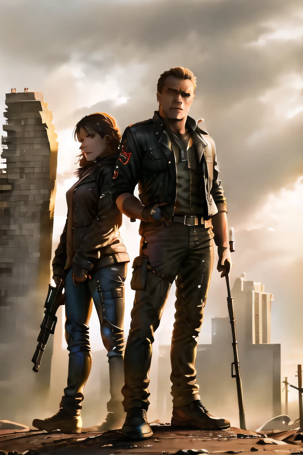 can you draw facial expressions more delicately,dark background，There are,Terminator soldiers have lots of rifles in the ruined city，stare at me、  take a full body photo   ，There are lots of skeleton robots in the ruined city