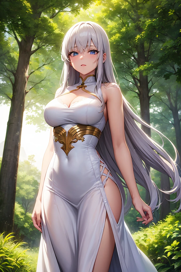1 garota lobo, cabelos castanhos longos crespos,olhos amendoados,orelhas de lobo, thin lips, rosto redondo, seios enormes, quadris largos,wearing a short white leather tunic,cauda de lobo,pose imponente na floresta 