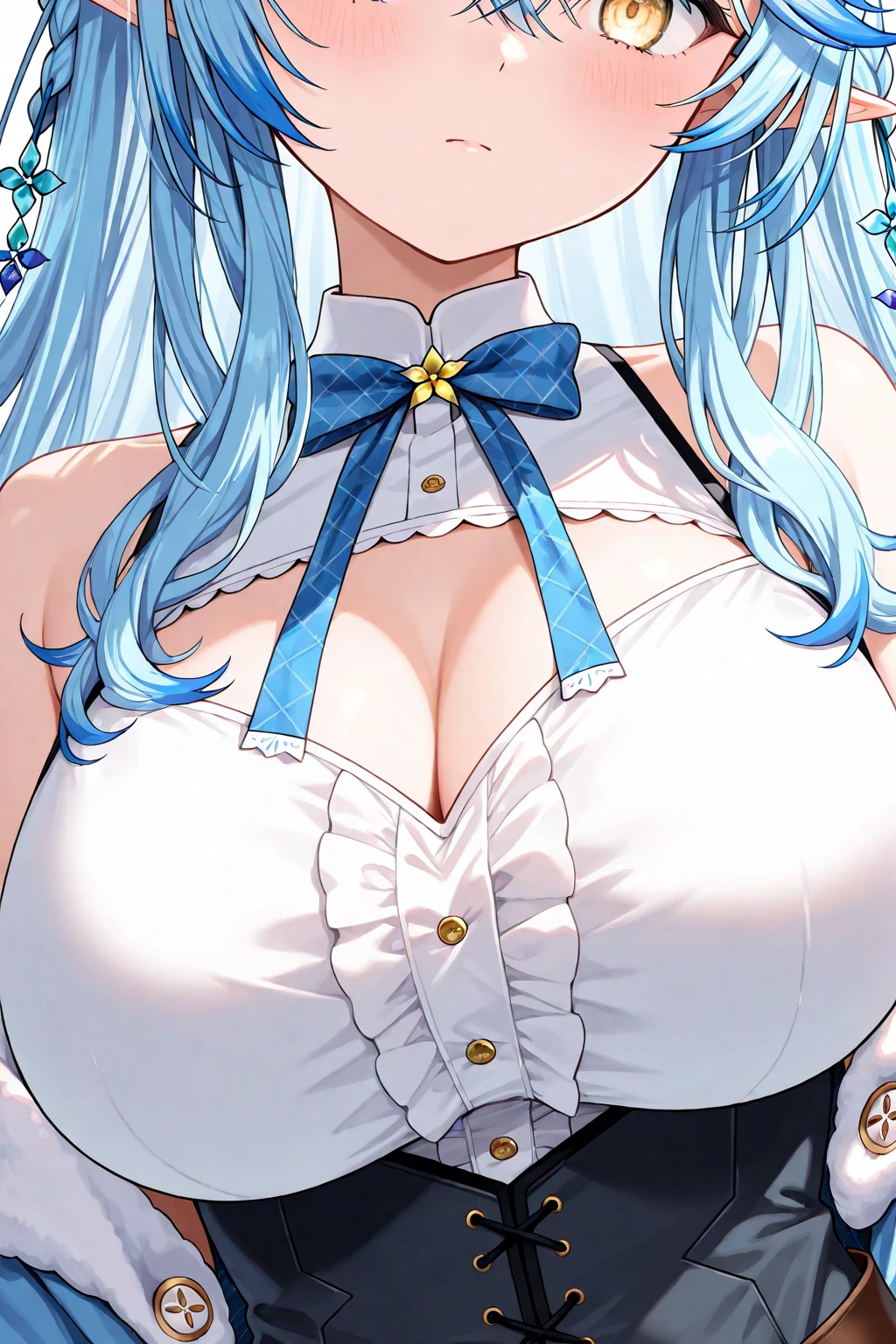 Very cute sister,(Large Breasts:2),Card issuance,Perfect body,(Long purple-gray hair),(Blue-green eyes),High Detail,high quality,(White sleeveless shirt:1.5),(Exposing breasts:1),(red plaid skirt:1.3),Shy,(There are small braids on both sides),Fine finger detailing