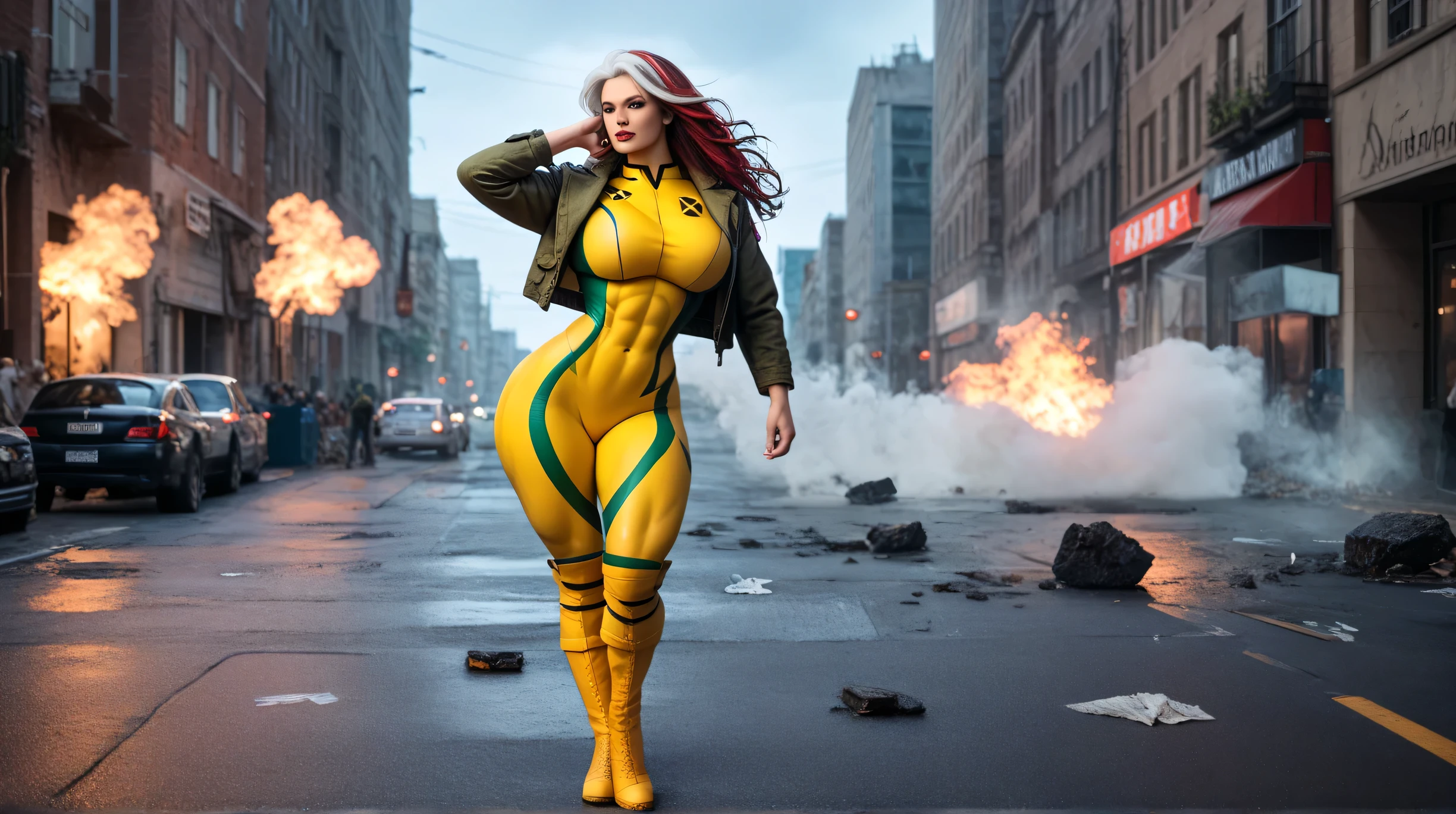 1girl, 35mm masterpiece, best quality, super high resolution photorealistic bokeh shot of xmen_rogue, long red hair with white streak flowing in the wind, thin waist but very muscular build, intricate facial details, hyper detailed, large breasts, huge ass, green and yellow bodysuit, hips revealed, knee-high yellow boots, and a cropped green jacket, striking a confident hip‑cocked pose with one hand on her waist, in a battle-damaged city street at dusk, smoke, fire, and debris around her, dramatic rim lighting highlighting her curves and powerful frame, ultra-realistic textures, cinematic tone, 8K resolution, close-up