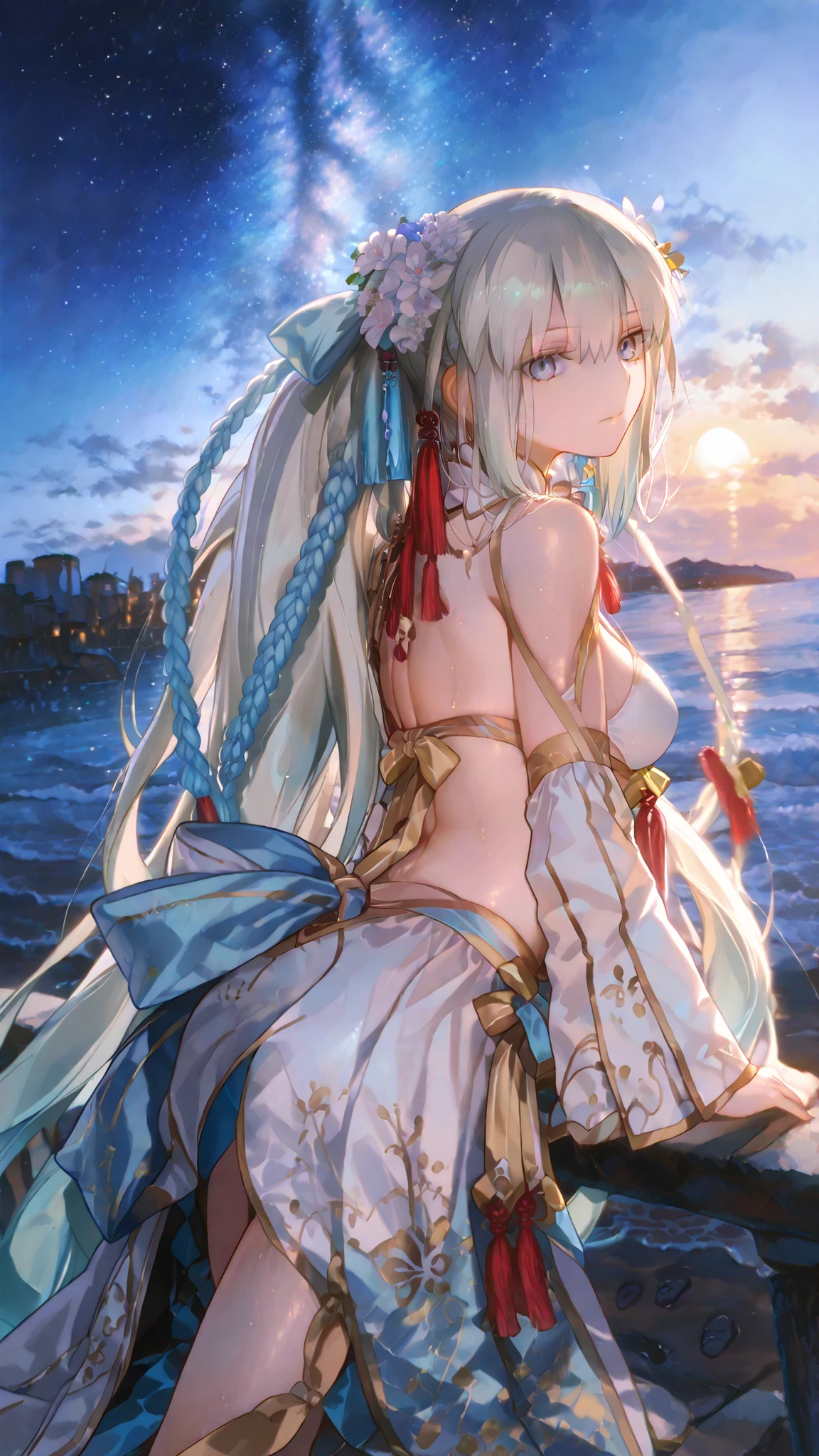 score_9, score_8_up, score_7_up,(full view), (Asymmetrical Composition),{{{top quality}}} , {{Super Detailed}} , {{very delicate and beautiful}}, (masterpiece, UHD, 8K, 16K),((solo)),(Morgan Le Fay),long hair, grey hair, blue eyes, very long hair, braid, ponytail, hair flower, white , detached collar, detached sleeves, blue ribbon, yellow ribbon,
As night falls, the distant horizon is tinged with the last golden glow of the setting sun, like a gilded edge set against the edge of the sea. Above, a glittering tapestry of stars stretches across the upper half of the sky, with the Milky Way arching like a celestial river. Morgan Le Fay walked along the coast, leaving behind a trail of footprints on the sandy shore. intricate details , natural light, diffused light, dramatic ambient