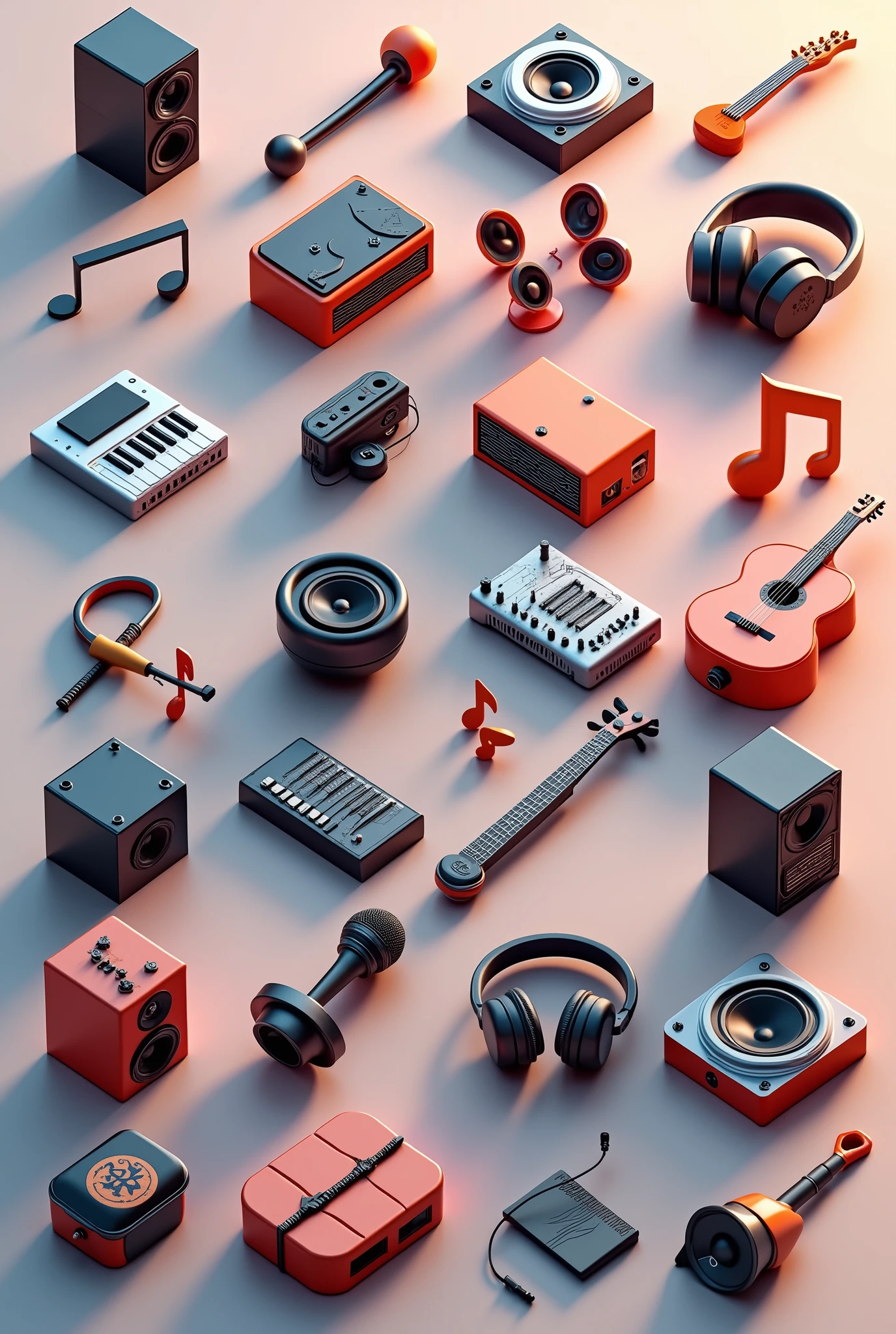 detailed 3D icon pack, music theme, detailed icons, musical instruments, speakers, headphones, microphones, audio mixer, musical notes, dynamic composition, 4K, photorealistic, professional rendering, studio lighting, ultra-fine details, vibrant colors, warm tones