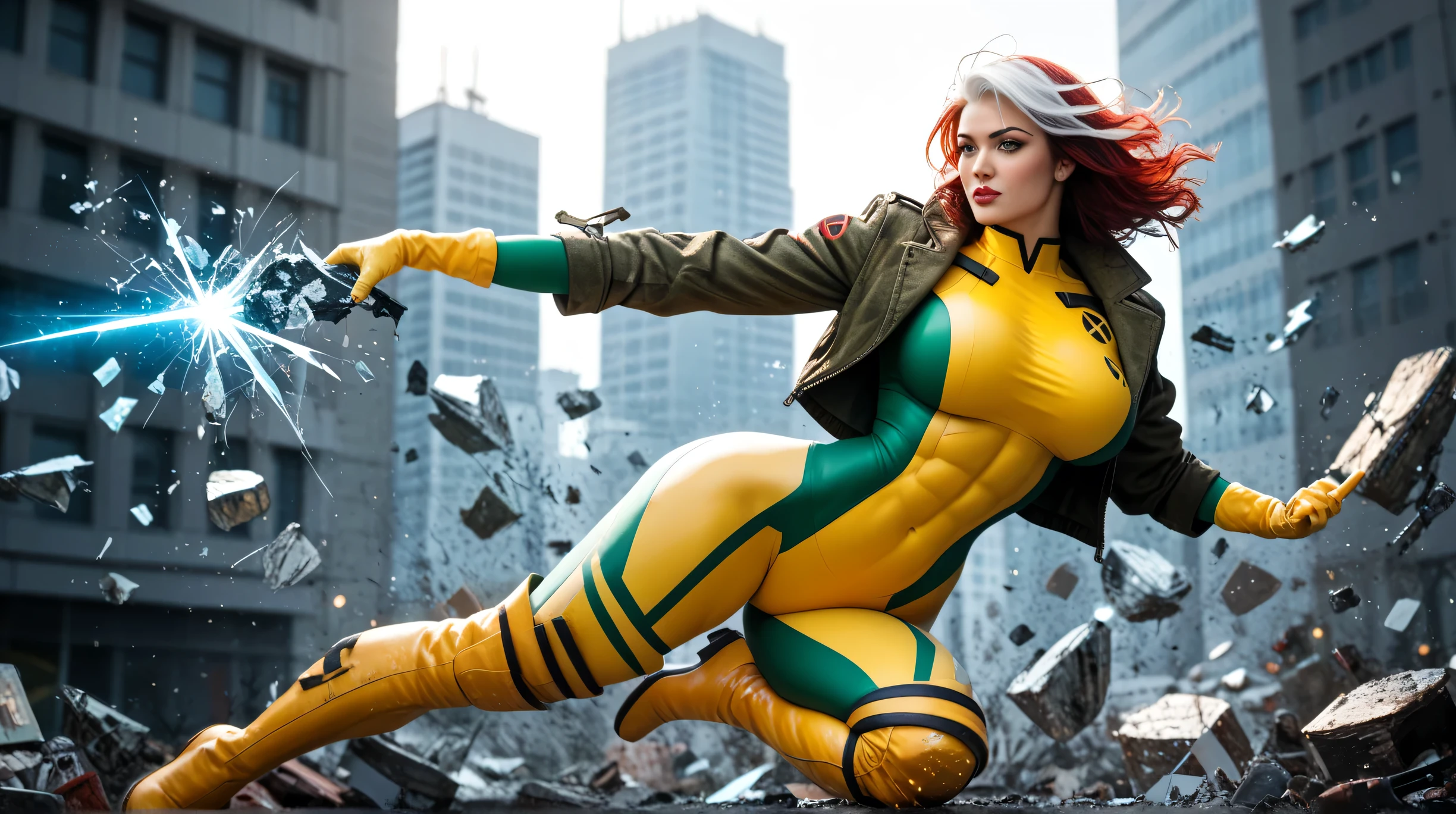 1girl, 35mm masterpiece, best quality, super high resolution photorealistic bokeh shot of xmen_rogue, long red hair with white streak flowing in the wind, thin waist but very muscular build, intricate facial details, hyper detailed, large breasts, huge ass, wearing a glossy green and yellow bodysuit with no leggings with high-cut hips, knee-high yellow boots, and a cropped green jacket, crouched low in a sexy yet battle-ready pose, one knee bent forward, the other leg stretched back, one gloved hand pressed to the cracked asphalt while the other glows brightly with charged kinetic energy, shattered glass and debris floating in the air around her from the power surge, the background a blur of ruined skyscrapers and flickering fires, rim lighting emphasizing the curves of her body and the shine of her suit, ultra-realistic textures, cinematic tone, 8K resolution