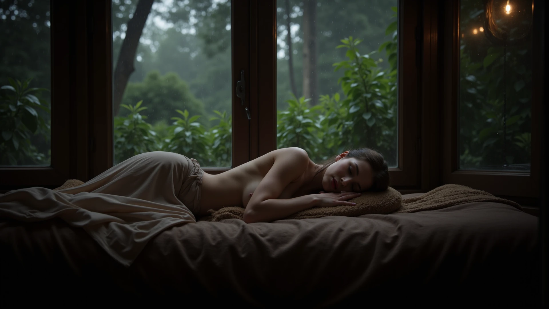 Sophia Lillis, plump body, long braided hair, high fantasy, leafy room, body wrapped in leaves