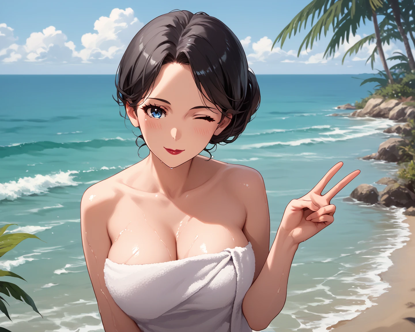 Realistic、Face reality、With a girl、Swimwear、Sexy smile、My breasts have gotten a little bigger、Sexy pose、From the front it looks like a one-piece, but from the back it looks like a mono bikini、