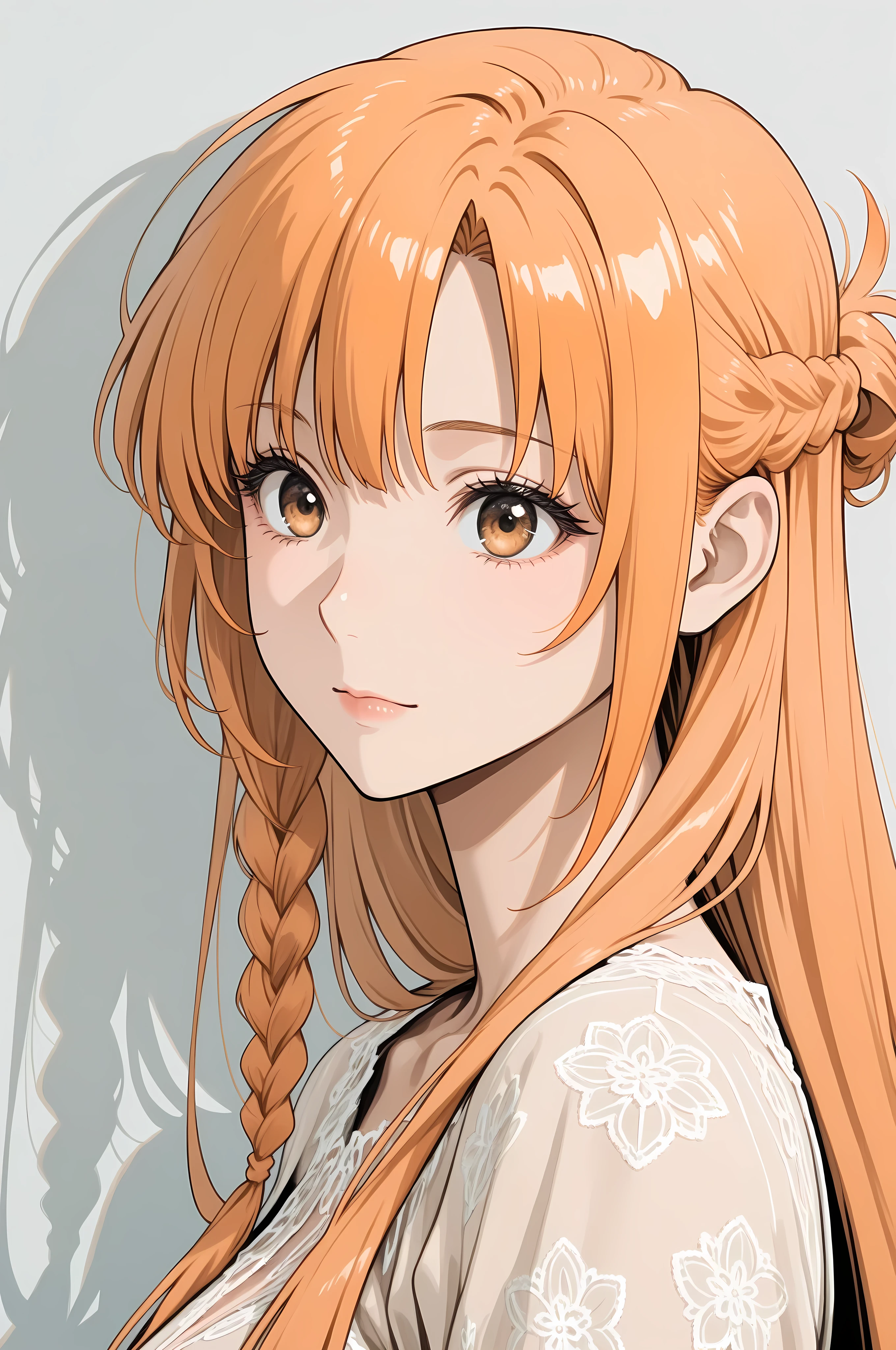 1girl, Yuuki Asuna, long hair, orange blond hair, ((hazel eyes)), straight bangs, side braid half updo, solo, soft curves, real light and shadow, beautiful detailed face, intricate details, masterpiece, best quality