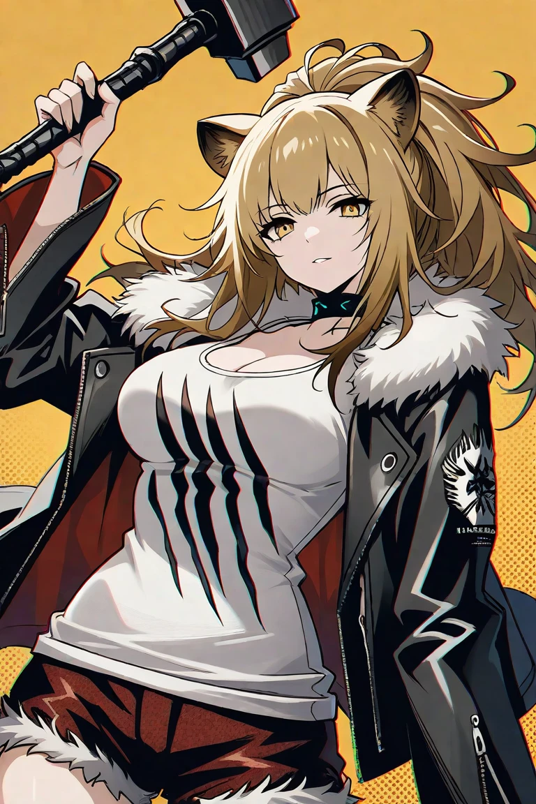 Best quality at best, tmasterpiece, A high resolution, Alone, {siege_arknight:1.15}, critters_hor ears, the Lion_hor ears, long_the hair, By bangs, nedium breasts, The blonde_the hair, pony tails, Brown_The eye, Chopping, the hair_between_The eye, Brown_the hair, bigger_nedium breasts, Upp_body, lollipop, food, Confectionery, Yellow_The eye, 1个Giant Breast Girl, Black_jaket, Collar, fur trimmed_jaket, furred_manicured, jaket, ngel, Black_Collar, lookingat_Show on the_peeping at the viewer, Black_finger nails, ngel_food, finger nails_polished, avas_The clothes ar, mano_Upp, The shirt, tanks_top, The white_The shirt