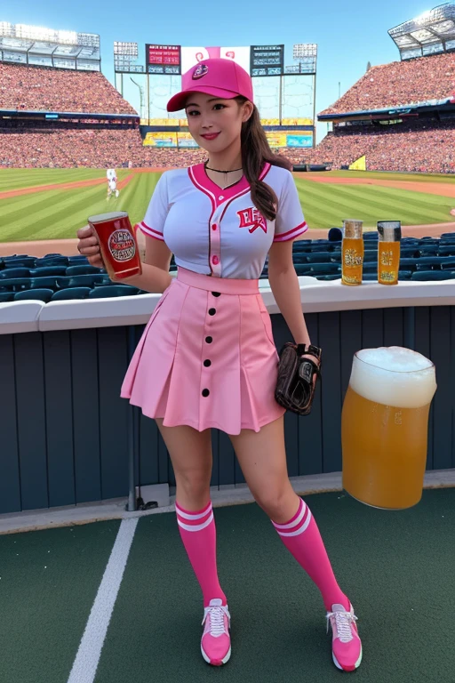 blue eyes, brown hair, red jacket, two-tone gloves, micro bikini,  looking at viewer, smiling, happy, mouth open, blush, sitting, behind a table, huge large breasts, huge large round ass，huge large bubble butt, inside fast food restaurant, table full of food, french fries, high quality, masterpiece