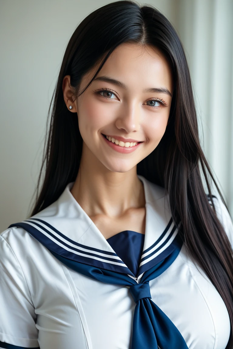 neat college girl, (school uniform, sailor uniform, ribbon tied at chest, summer clothes, upper body white, skirt dark blue, short sleeves), outside the athletic field, (slim), photorealistic, detail, skin texture, ultra detail, delicate and sexy collarbone, smile, super detailed face, detailed lips, detailed eyes, double eyelids, small breasts, small breasts, small, flat breasts, breast emphasis