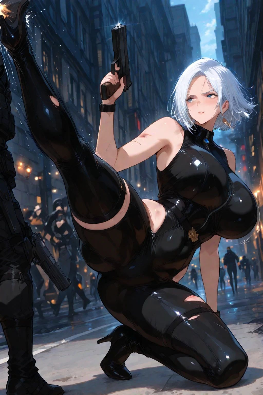Emphasize the crotch,draw the crotch,POV from below,blush,Drawing the whole body of a beautiful woman,extraordinary beauty,Beautiful woman with big breasts,doing squats,detailed abs,concrete wall on background,underground,detailed crotch,Underwear that dug into the crotch, hair, Sweat,dynamic pose,big breasts,Beautiful woman,toned body,Sweating, high quality, beautiful crotch,Sweat profusely,white skin,black leather gloves,concrete floor,Silver Dish,