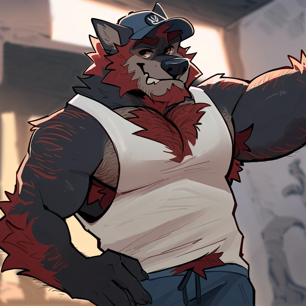 ((best quality)), ((masterpiece)), (detailed), black fur, male, furry, black kitsune, black ears, black shaggy hairstyle,  fluff, daddy, , mature man, ((scar on left eye)), red eyes, bara, brown vest, dark brown pants, pink ,((multiple tails)), farm setting, calm atmosphere, dynamic perspective, by null-ghost, by raccoon21, chunie