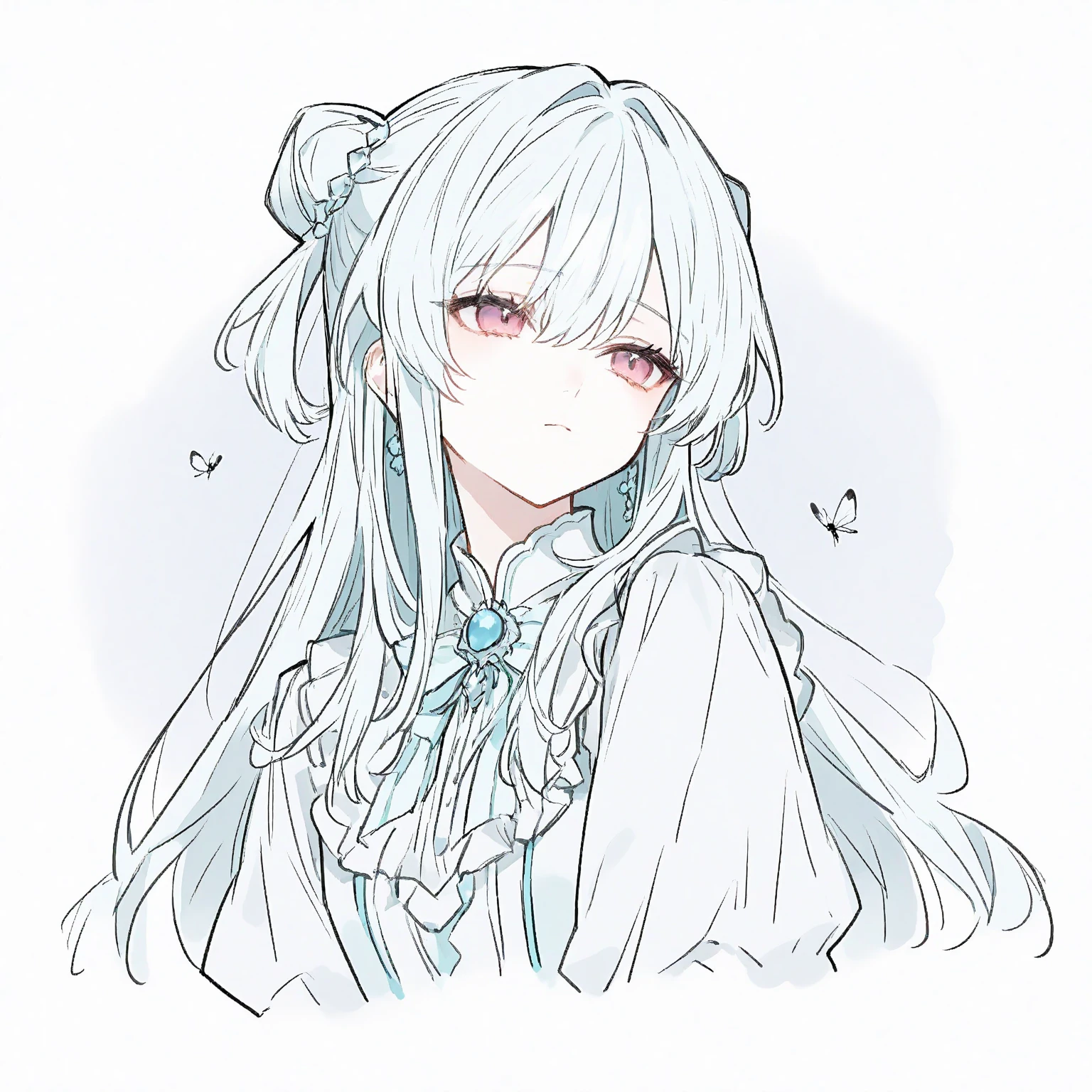 (masterpiece, best quality),1girl with long white hair sitting in a field of green plants and flowers, her hand under her chin, warm lighting, white dress, blurry foreground