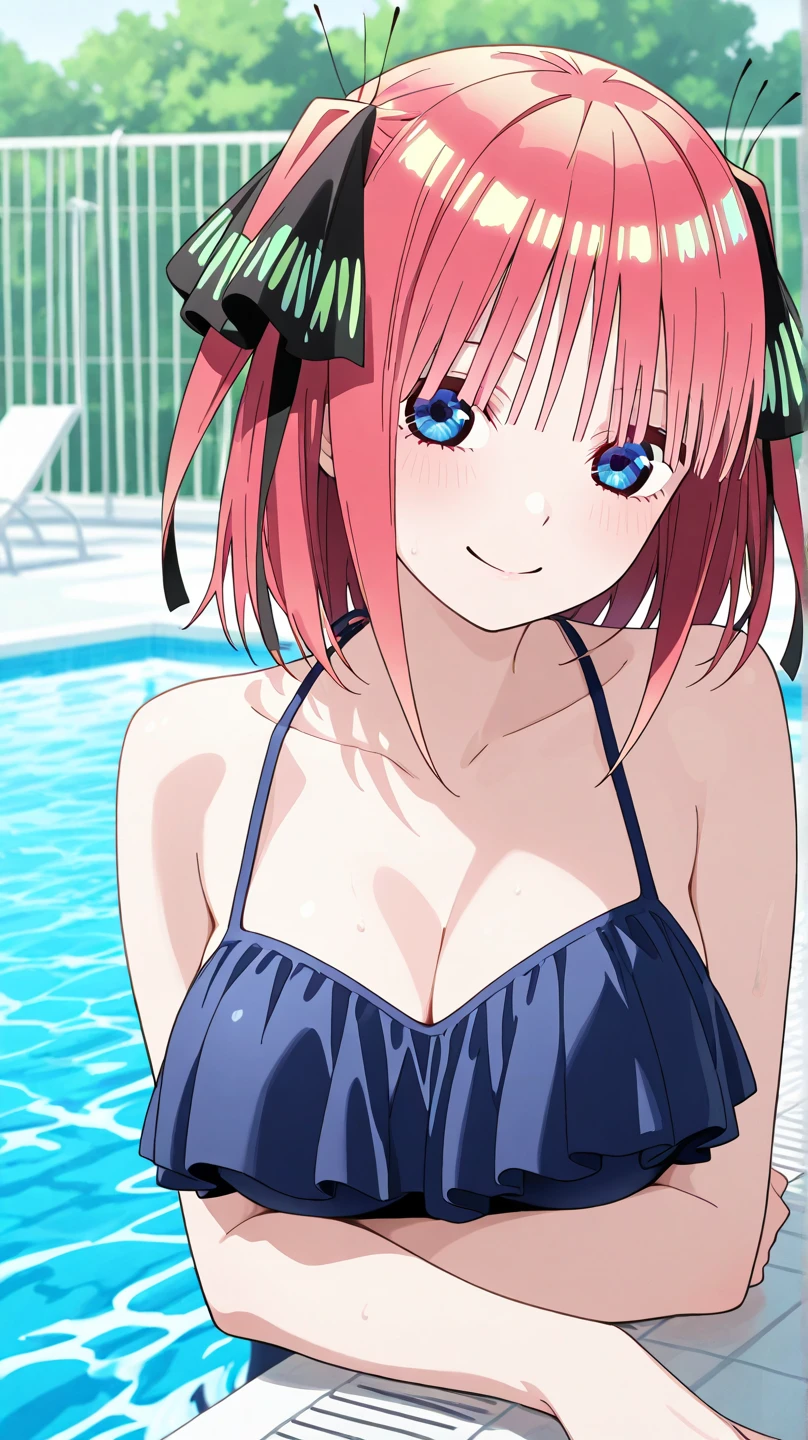 best quality, insanely detailed, nino nakano, breasts, blush, public bath background, bare-shoulder, a ribbon, stockings, pussy, smile, sky blue lingerie garterbelt, cheerful eye