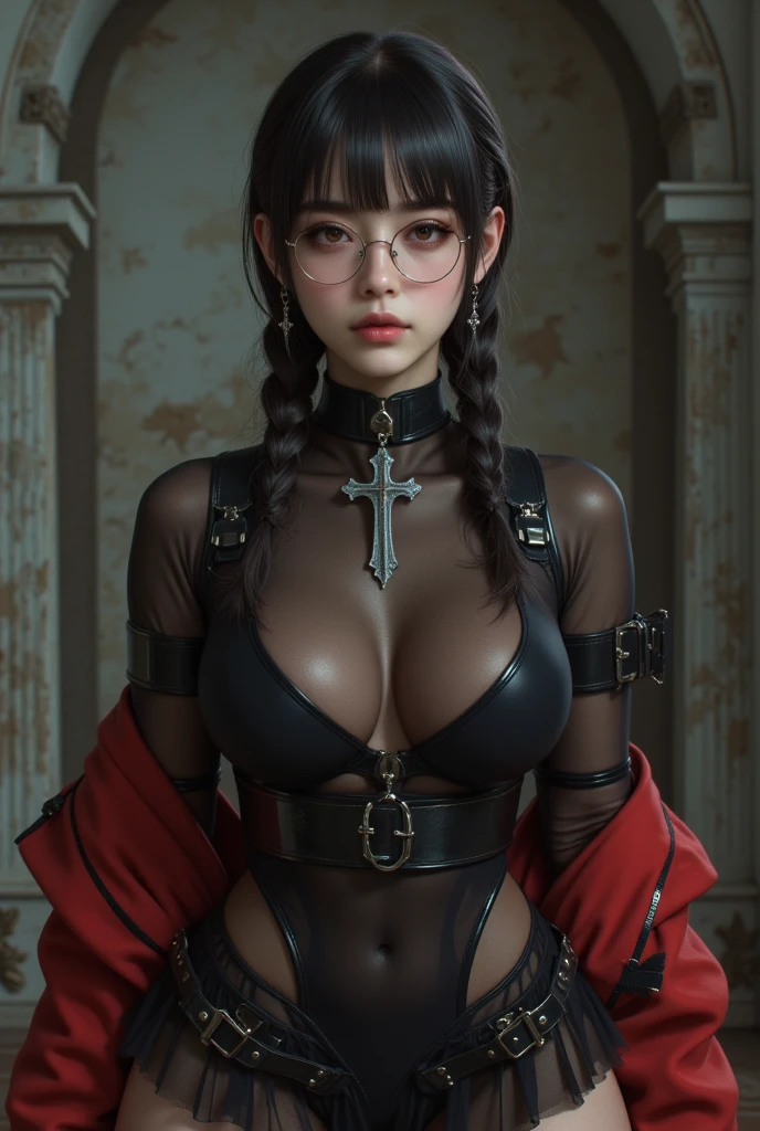 Fine、(The best illustrations)、8k UHD resolution、intricate-detail、top-quality、realisitic、ultra-detailliert、The best lighting、Best Shadows、Soft lighting、Ulutra HD、Ultra-realistic、Tindall Effect、Photorealsitic、(High Detail Skins:1.2)、 (Intricate details, makeup, pureerosface_v1:0.5), (Detailed beautiful delicate face, Detailed beautiful delicate eyes, A perfectly proportioned face, High detailed skin, Detailed skin, best ratio four finger and one thumb, arms below breasts, Tattoo with a red glow under the stomach、Awesome awesome, wide hips, smooth midriff, skiny and thin, __Fashion__, __hair__:1.25)、Digital SLR、 absurderes、1 beautiful devil woman from hell, surreal female portraits by David Hockney and Alphonse Mucha, Portrait of a seductive woman、Fantasy Art, Chinese Doll、Chinese actress、Dungeon、The dragon、Devil's Palace、Devil's Torture Chamber、natta、Dark style 、In the Dark、(Detailed spooky backgrounds:0.8), magia、 女の子1人、Evil Nun、Dark Necromancer、Succubus、Devil's Daughter、Umi Shinonome、Bat Wings,(((Demon Horns)))、 ((((Huge glasses, Otaku Glasses, thick glasses, Round glasses)))),(((Colossal tits)))、(Devil's Tail)、(red eyes glowing:1.6)、red eyes make up very sharp and detailed, The eyes are very well made up, ((Red Eye:1.0)),intricate tattoos, demonic intricate tattoos, thigh tattoos, body tattoos, masterpiece、The most beautiful face、a baby face、Charming smile、plump beautiful red lips、Muscular seductive body、The enchanting body of the devil、devil style、Seductive Black Magic Costume、(((A shiny red snake is wrapped around her body)))、The long-haired、Braids、Black hair、Ponytail distortion、, Ponytail with a bow tied at the back of the hair, Beautiful expression、Body Up、Large breasts emphasis、Bust, Super tight breasts, Breast augmentation surgery, The breasts are very big and round and round,Toned waist、Wide buttocks、 lowkey, cowboy lens, (red phoenix dress: 1.0), devil crown, Red sparkling gemstone necklace、Jewelry Gwise, wearing black mesh socks,wearing a thin red and