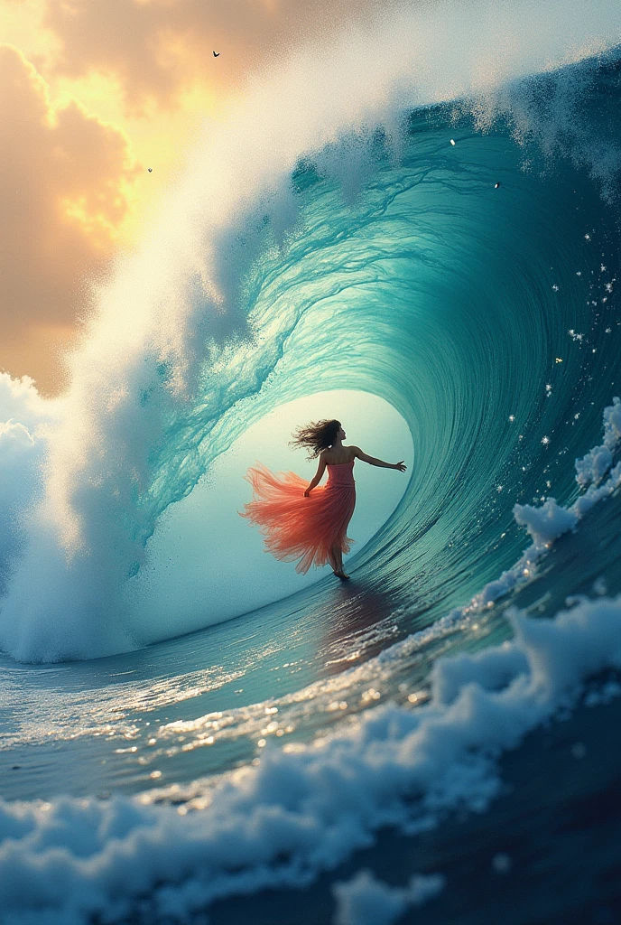 (Luminism:1.28), Side view, TopQuality 8K Masterpiece (ProfessionalPHOTO:1.37) (Extremely Detailed (A girl half Standing on a Life Size straight surfboard)), Colorful morning Glory Rays, (There is Only one surfboard under her feet:1.32) Sparkling Waves Splashing water Particles, Glowing Wet Hair, hourglass body type, Dynamic motion blur, Perfect Hand, (Surfing Photos:1.4) (((nothing hold)))