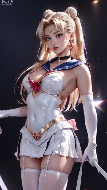 ((masterpiece:1.4)、(top-quality:1.4)、(reallistic:1.7))、masuter piece:1.4、a beauty girl、(Sailor Moon:1.4)、Tsukino Usagi、Body Fit Sexy Sailor Senshi Uniform, showing super Calvages, showing half nude breasts, (latex shiny)、(The jacket is a white sleeveless cut off half chest sailor suit)、(Skirt Blue Sexy Ultra Ultra Pleated Mini Skirt)、The collar of the sailor suit is blue with two thin lines.、high leg swimsuit、Red cloth ornament at chest、(Wearing white gloves)、Kawaii Girl、Super beauty、sharp focus、Portrait photos、front side view, Upper body photography:1.1、Beautiful face、beautiful eyes、Narrow waist、beauty legs、(yellow hair:1.4)、(length hair:1.4)、Beautiful udder、large full breasts:1.4、Sexy ass、Raw photo、red-lips、Red high heels:1.4、a choker:1.4、a necklace:1.4、earrings:1.4、Luxurious Golden Tiara:1.4、1 screen display、a moon、kosmos、spaceships、A space station、City of the Future