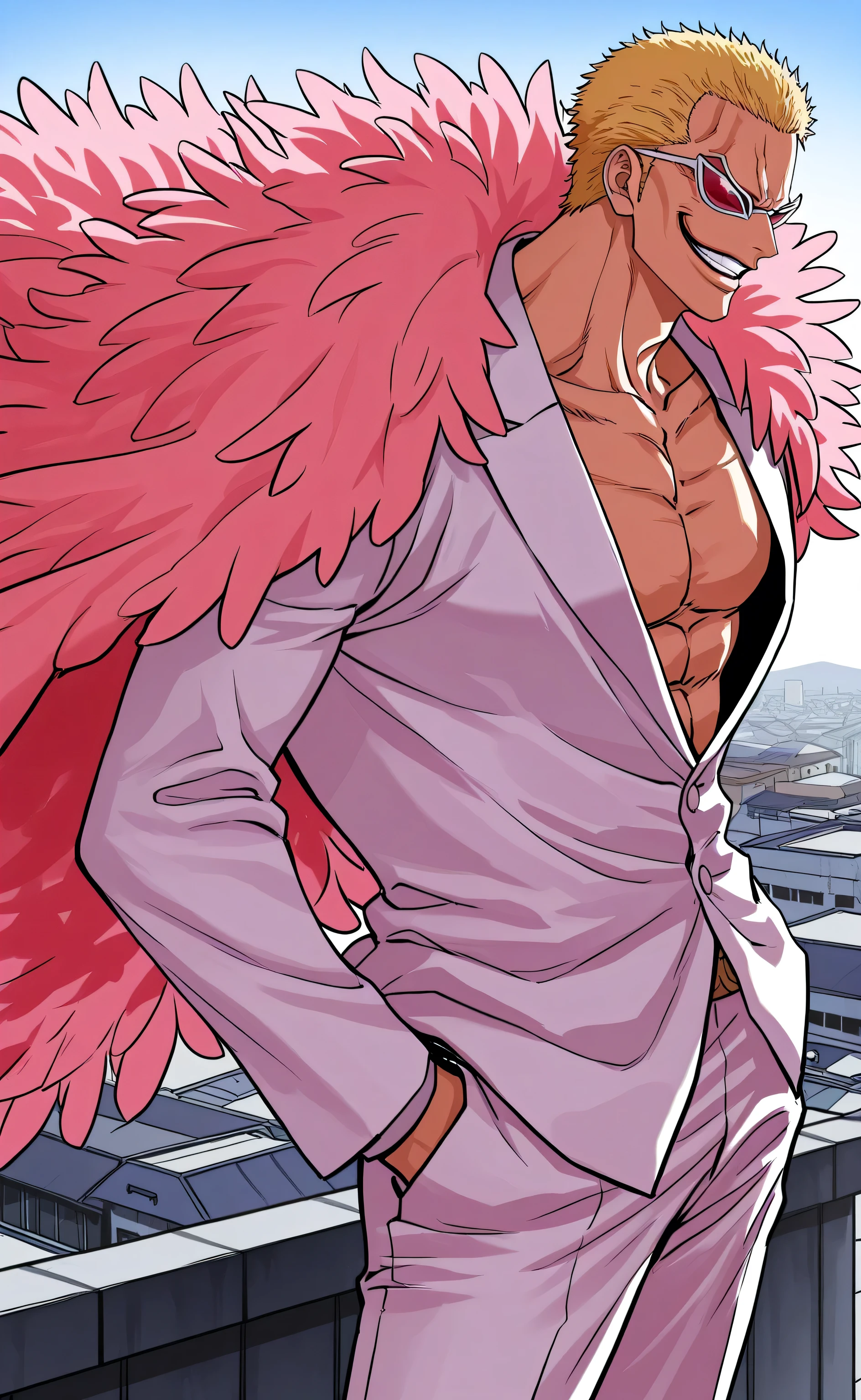 1male,solo,Don Quixote Doflamingo,short hair,blond hair,sunglasses,evil grin,white suit,pink Doflamingo cape,hand in pocket,muscle,rooftop,korea,lookism,