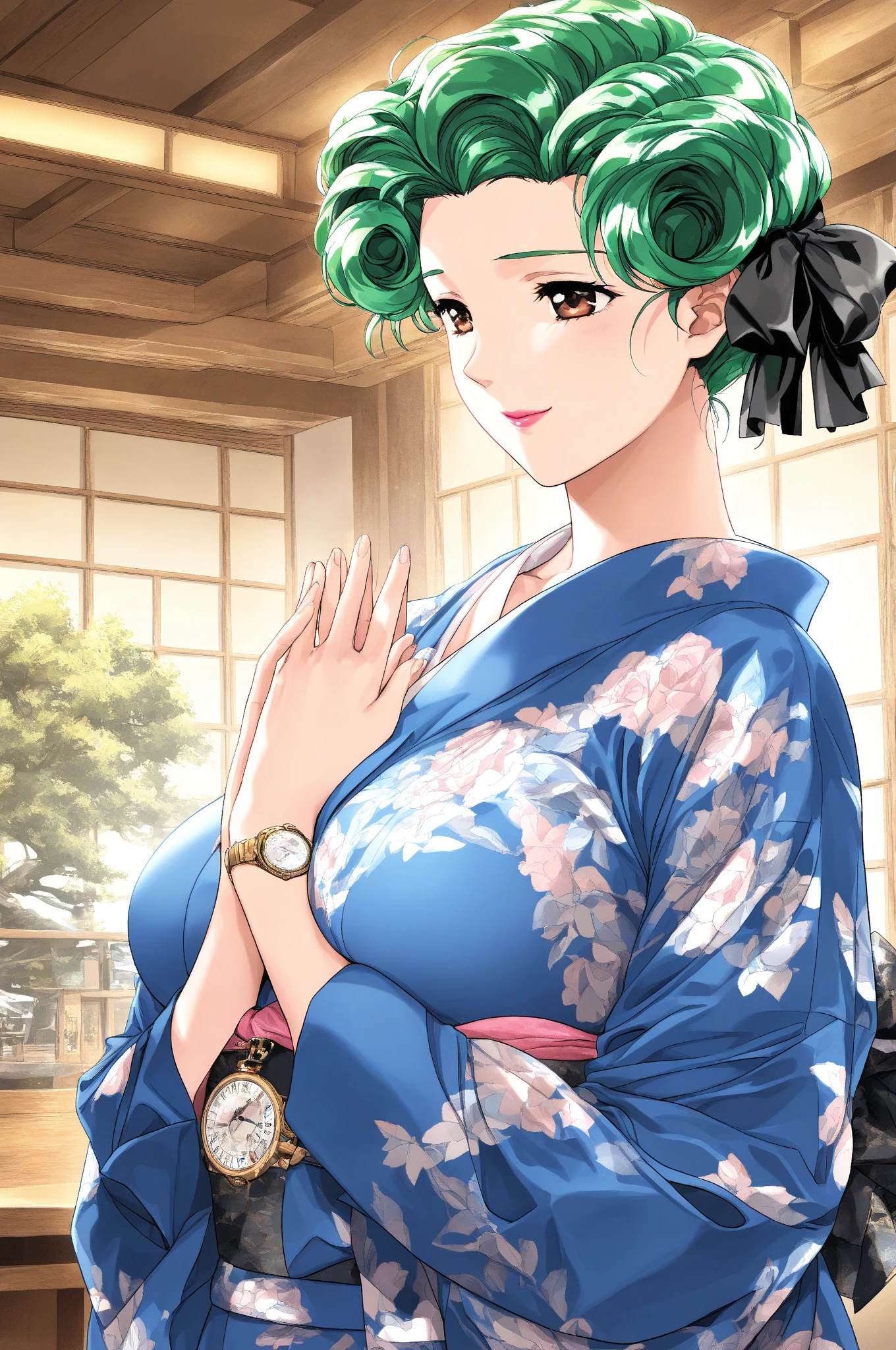 masterpiece, best quality, short ponytail, kimono, red bra, big breasts, aqua hair, temple, looking at viewer, shy, red panties, skindentation <lora:tamaki-000018:0.5> <lyco:hamichichiB:1.0>