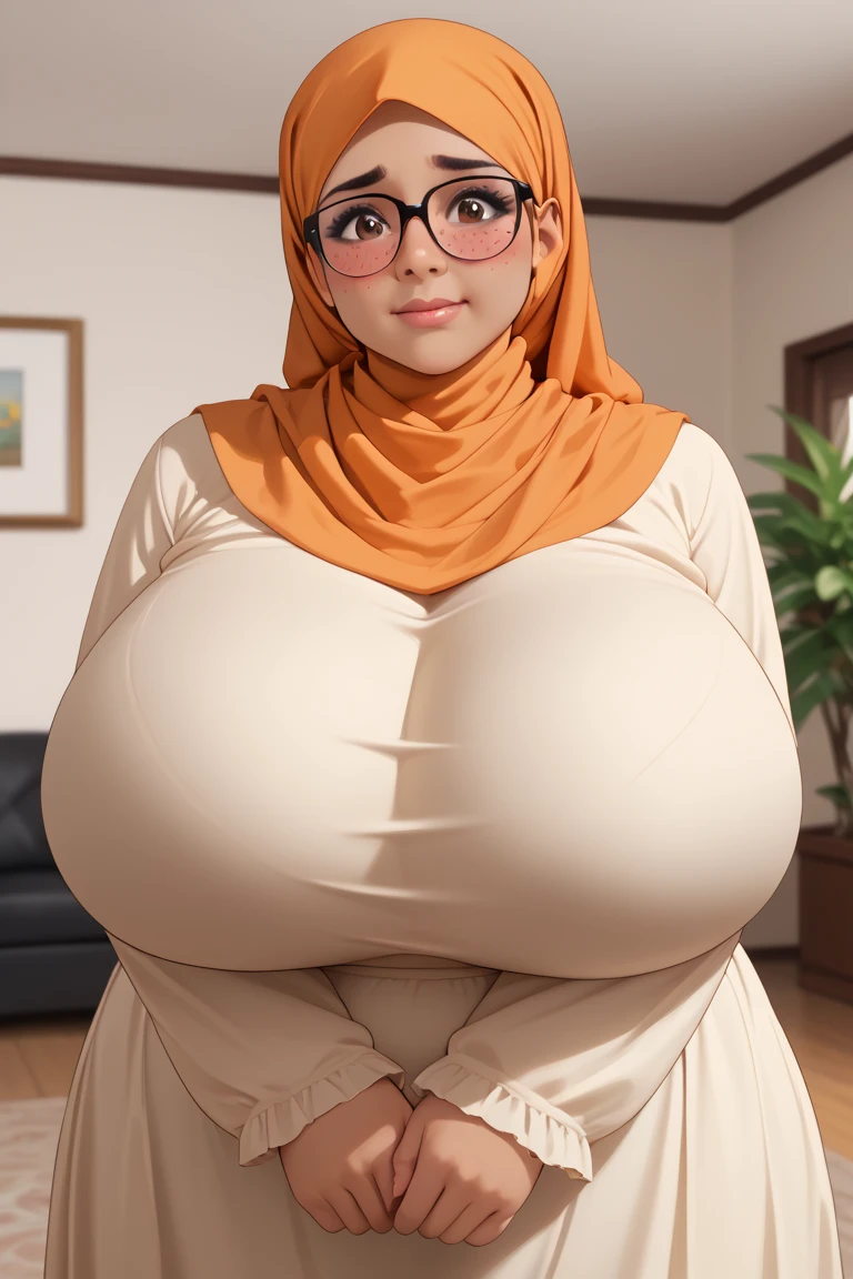 1 girl, hijab, oppai, with large breasts, with a large breasts, with beautiful exotic, korean woman, busty, huge breasts, hyper breasts, solo
