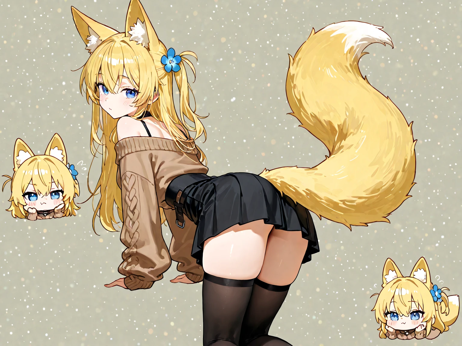 Solo, Score_9, score_8_up, score_7_up, kemono style, Kimiko, An Anthro furry fox girl, yellow furry body, yellow fox tail, , black nose, blonde hair, braided hair, wearing oversized virgin killer sweater, black thigh highs, hands together, grinning, bending over, hands on knees, low angle shit. 