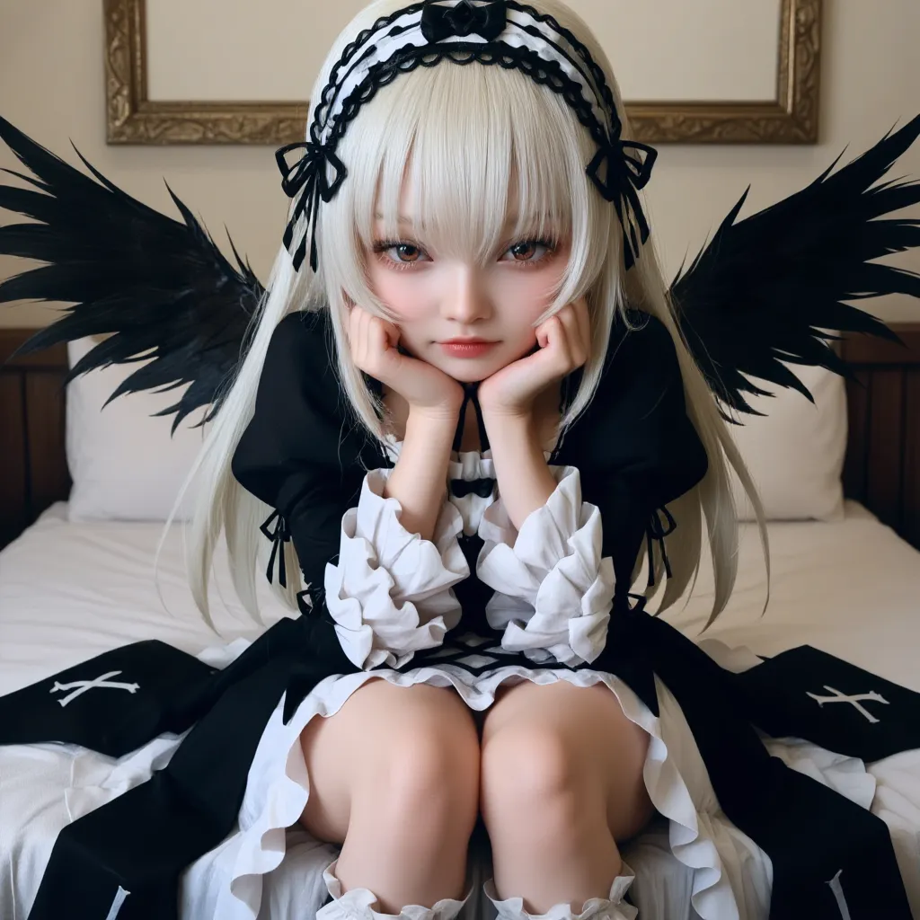 high-level image quality、masterpiece、Raw photography、8K、detaileds、1 persons、独奏、Elaborate spherical joint doll like a girl、You are a doll、Mostly spherical articulated dolls、Only one person on screen、rosen maiden(Mercury lamp)、White silver hair、Dark silver hair、very long hair with sideburns,,,,,,、The bangs are in the center、Long straight hair、、Super long hair、cuticle、long hair to the waist、very long hair with habitual hair、Black headband、Black Ribbon Adorable、Rin々Right、Full body like、has black plumage、Black wings of angels on their backs、large black feathers、Wearing the Black Feathers of a Fallen Angel、black feathers on the back,,,,,,、Black feathers flutter、Black feathers fluttering all over the screen、The eyeballs are very red、Akame、Crimson eyes、Redeye、Very red eyes、Staring into red eyes、Thin eyebrows、Suspended Eyes、Fishing eyes、dual、eyeshadows、poisonous mist、Long-haired gaze、huge smile、Personality Tough、Fluffy smile、Gothic Lolita Fashion、black and white clothes、Inverted cross embroidery on black skirt、Please wear black leather boots、Fluttering lace skirt、Medium Beautiful Breasts、Swaying udder、Underdeveloped girls、Saint a girl、The gaze is watching the viewing、Lying on the floor、Place your arms on the ground、in a house、Inside a Nordic castle、a bed、Night、Red cheeks、excited、Contemptuous gaze