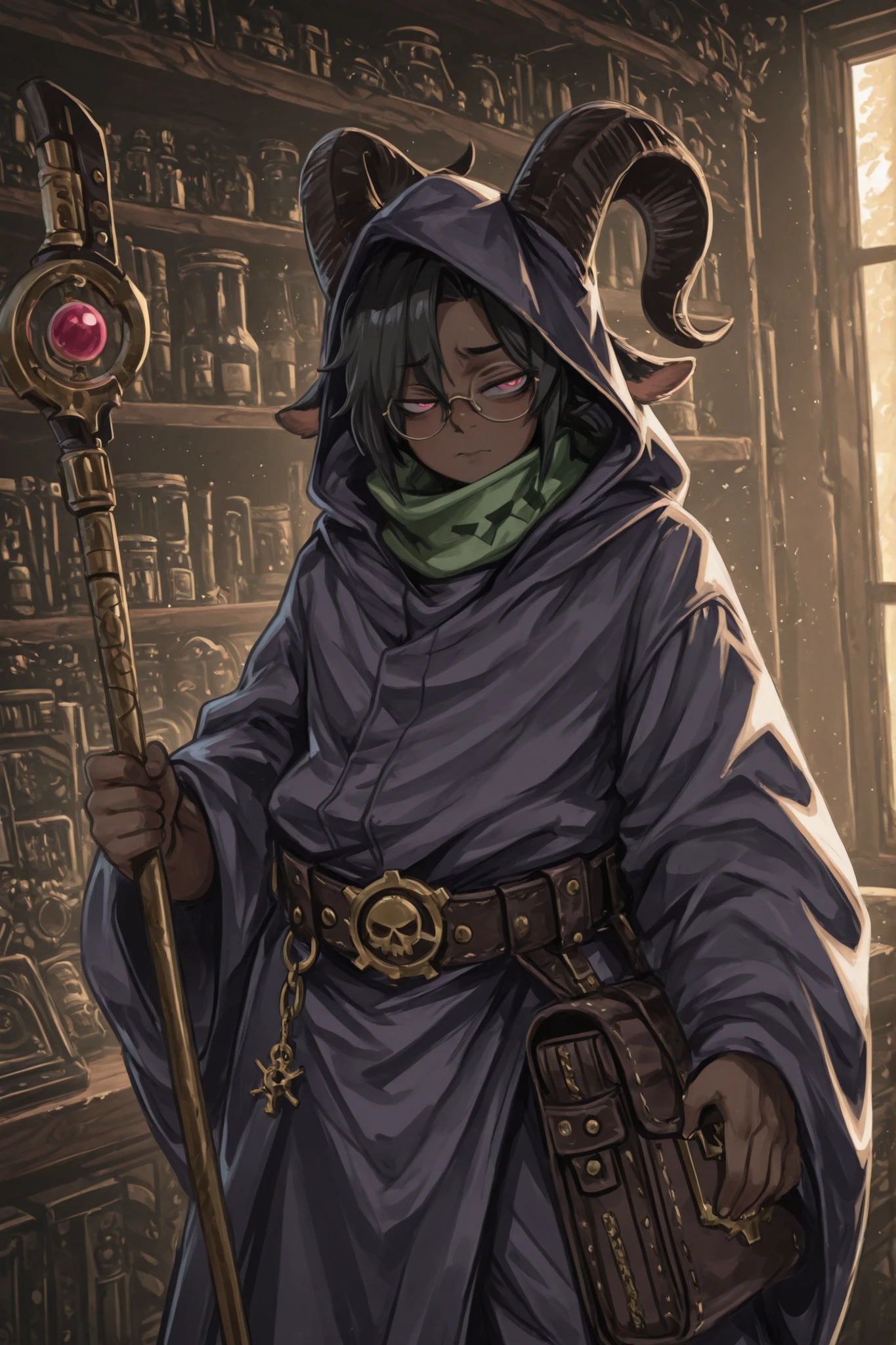Drunkr3mbr4ncer, kurenaiz, masterpiece, best quality, amazing quality, very aesthetic, high resolution, ultra-detailed, absurdres, newest, scenery, warhammer 40k, ((MALE)), ((ONLY MALE)), 1male, young man, twenty year old youth, solo, skinny voluptuous physique, goat ears, small goat horns, goat tail, black hair, dark skin color, pink eyes, round glasses, hood, psyker robe, trousers, green scarf, hold psyker staff with an eye-shaped top, belt with bag, shy, looks at the viewer, shelves with goods, psyker-magic shop background, quality background, BREAK,