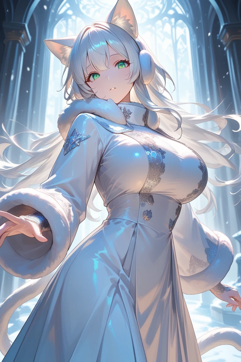 masterpiece, highlydetailed, ultra-detailed, cold, solo, (1girl), (pale skin), icyblue eyes, frosty white hair, cool Chara, flat face, young lady, lady chara, medium boobs, Arrogant, confident, cold face, goddess, cruel, sharp eyes, (snowy background), snowflakes, (frozen flowers:0.5), (crystal crown), (sparkling ice crystals), (ice dress), (snow-covered ground), (calm expression), (smile:0.7)