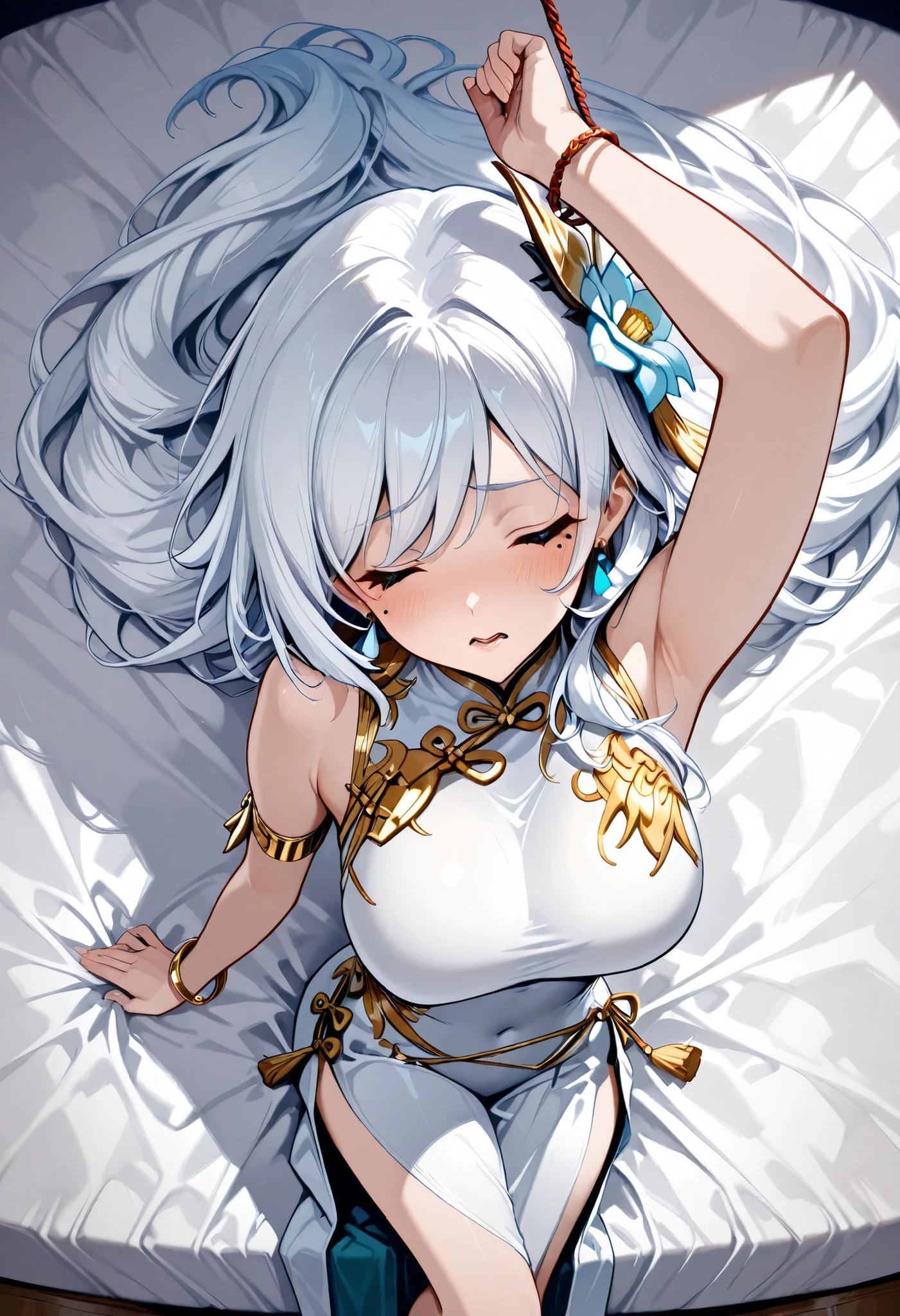 Armlet on left arm,Handmade bracelet,sleeveless china ,anime girl,long white hair,and a flower in her hair,Anime Goddess,with long white hair bundled in a bundle at the back, Haise Jinyao,Genshin Character,Keking,  Full Body Senxia ,Pictures of Women with Long White Hair Bound at the Back,long white hairで,perfect girl,large breasts with good shape,thin waist,mole under eye,long gloves,earrings,no background,close eyes,kind eyes,kind expression,Blush,is embarrassed,Open Lips,Very large bed,Lie on a white sheet with your whole body stretched out,A woman lies down,nobody else,　correct　The hair bundled in the back is a braid, cowboy shot with a close cute face, Open your legs from side to side boldly