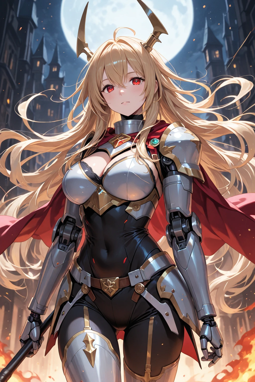 Very detailed、highest quality、Best image quality、masterpiece、8k、Anime Face、A kind smile、Open your mouth、Sparkling blue eyes、(Blonde wavy hair:1.5)、、Muscles of the whole body、camisole、Thigh belt、mini skirt、(Wearing red bikini armor:1.5)、(Cowboy Shot:1.5)、(Leg armor:1.5)、Wearing a helmet