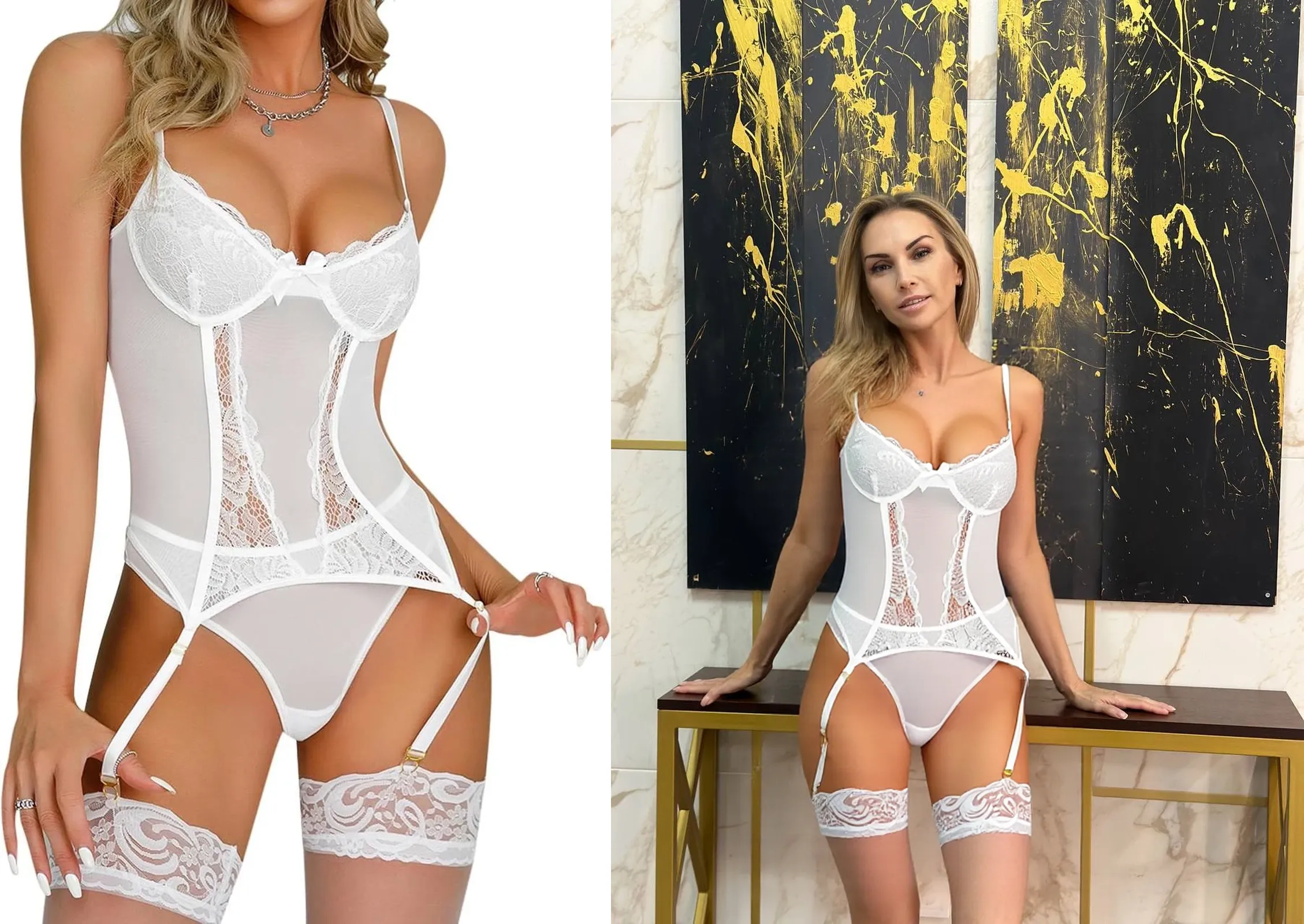 A woman in white lingerie and stockings posing for a photo., elegant corset, camisola lenceria seductora, vestida de un hermoso blanco, corset, corsets, fishnet corset with choker, usando lenceria sexy, vista frontal y trasera, lenceria con cordones, vista de cara completa, lenceria ondulada, camisola seductora, blanco reluciente, very tight corset