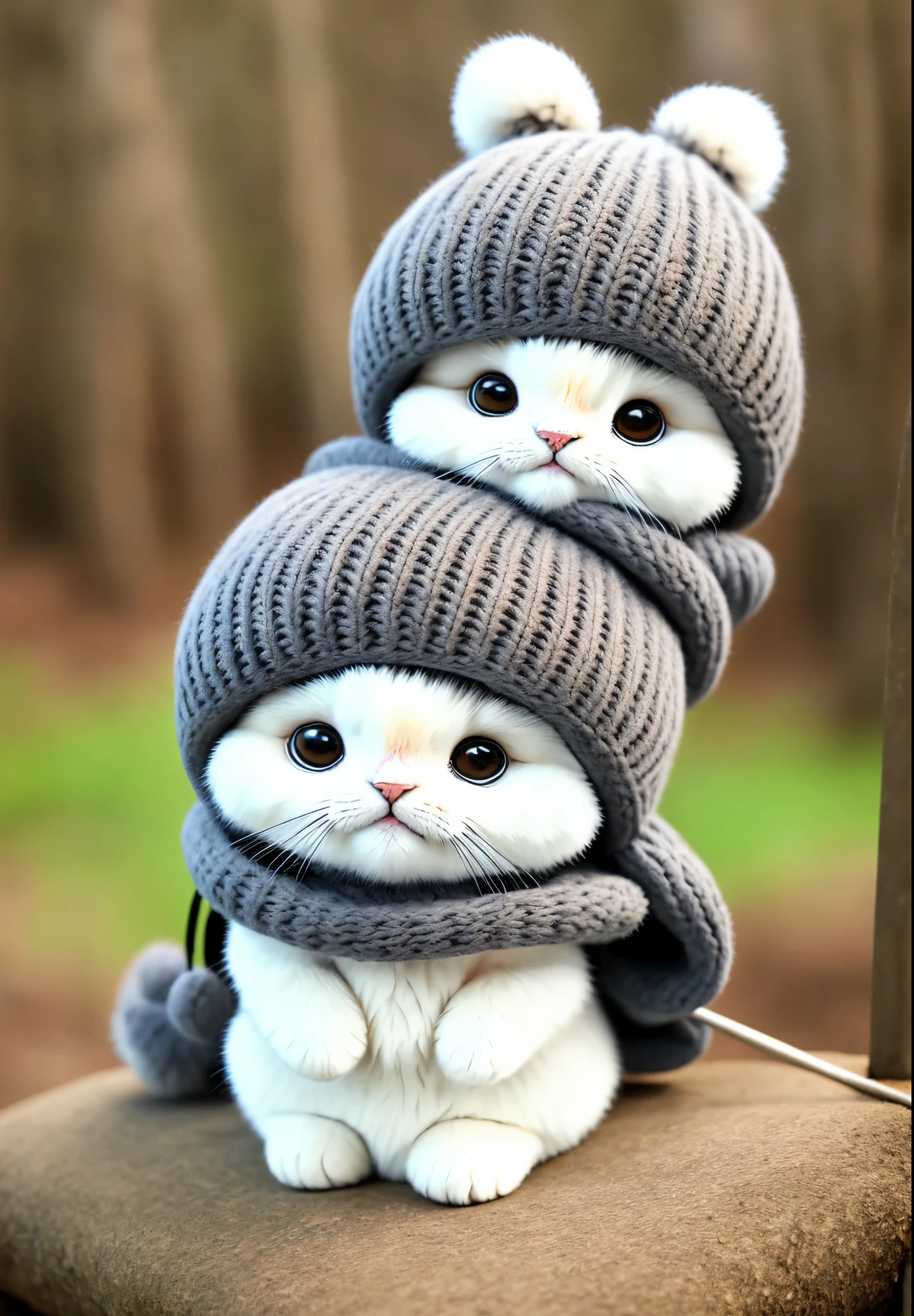 Fluffy cat sitting at the base of a tree in the middle of the mountain、Yarn hat