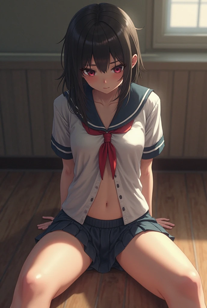 NSFW, 1 woman, (solo:2.0),  (orgasm:1.4), (crying:1.2), clenched teeth, drooling, steam from pussy, glowing eyes, best ratio four finger and one thumb, (Nipples:1.5), (spreading pussy, Pubic hair), clear pussy juice,  (Open legs), Large breasts, cleavage, (sitting on a bed with one knee up), Green eyes, (Crop Top shirt), (Sailor  uniform only for the upper body), (white short shirt), (red ribbon tie), Navel, blue sailor collar, (Sheer Micro Mini Skirt), spreading pussy, black high-heeled shoes, side ponytail 