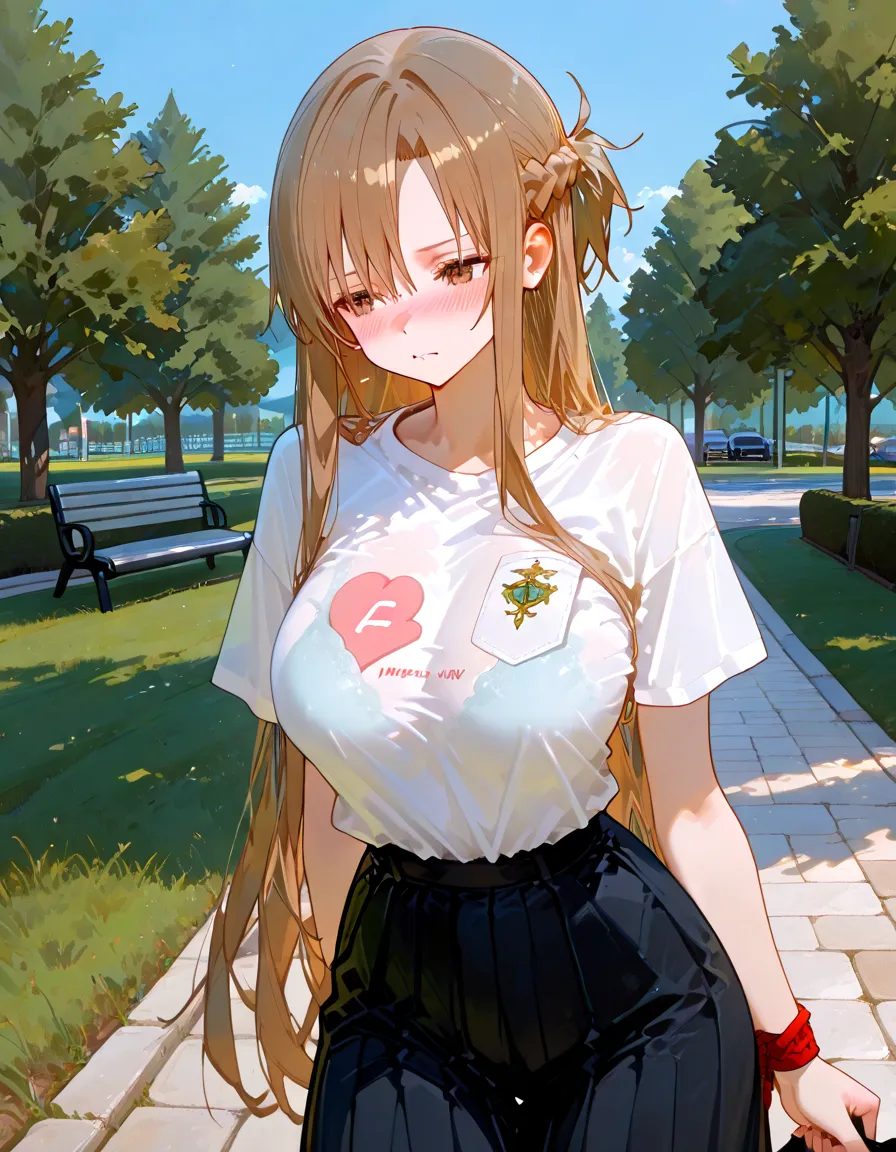 anime girl in a yellow button t shirt & white skirt, outside, long brown colour hair until waist, brown colour eyes, seductive anime girl, beautiful alluring anime woman, [ 4 k digital art ]!!, breasts covered and sfw, beautiful alluring anime teen, big breasts!, big breasts!!, with large breasts, sfw huge breasts, with a large breasts, | fine detail anime, smooth anime cg art, standing pose, slim waist, perfect body figure